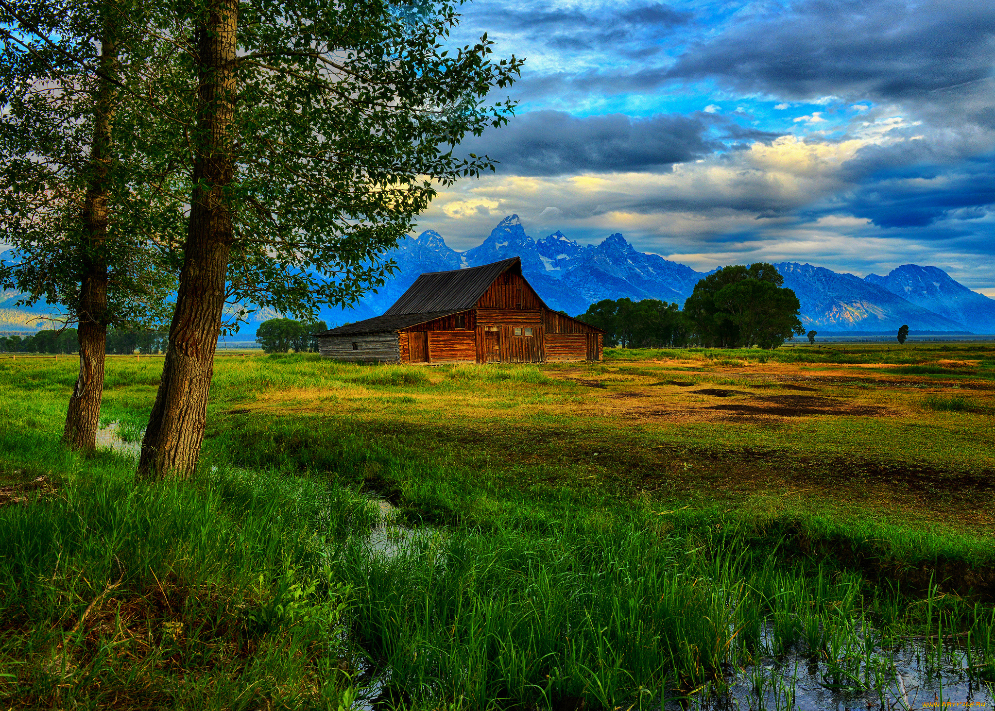 thomas, moulton, barn, grand, teton, national, park, wyoming, природа, пейзажи, хижина, деревья, ручей, горы