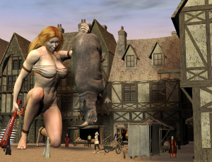 Картинка 3д графика fantasy фантазия носорог девушка дома