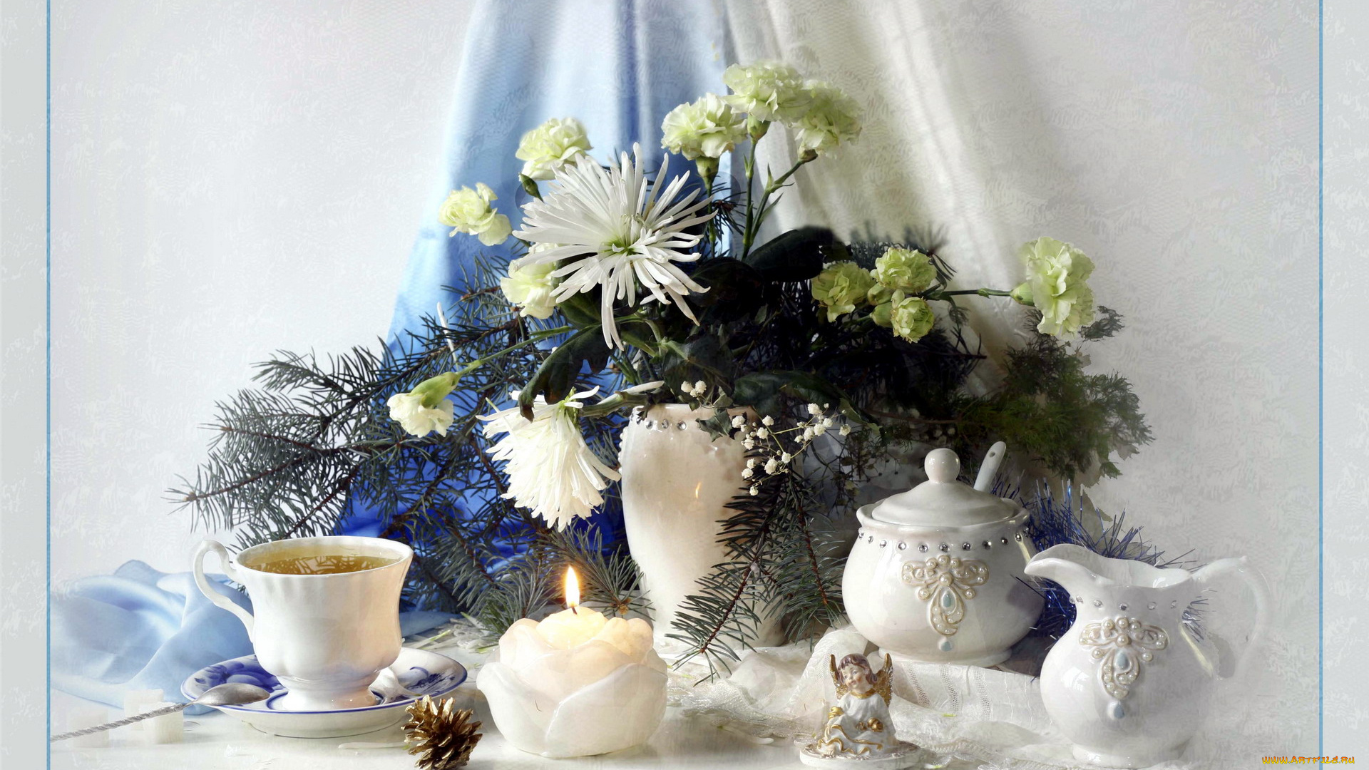 еда, натюрморт, цветы, свечи, чай