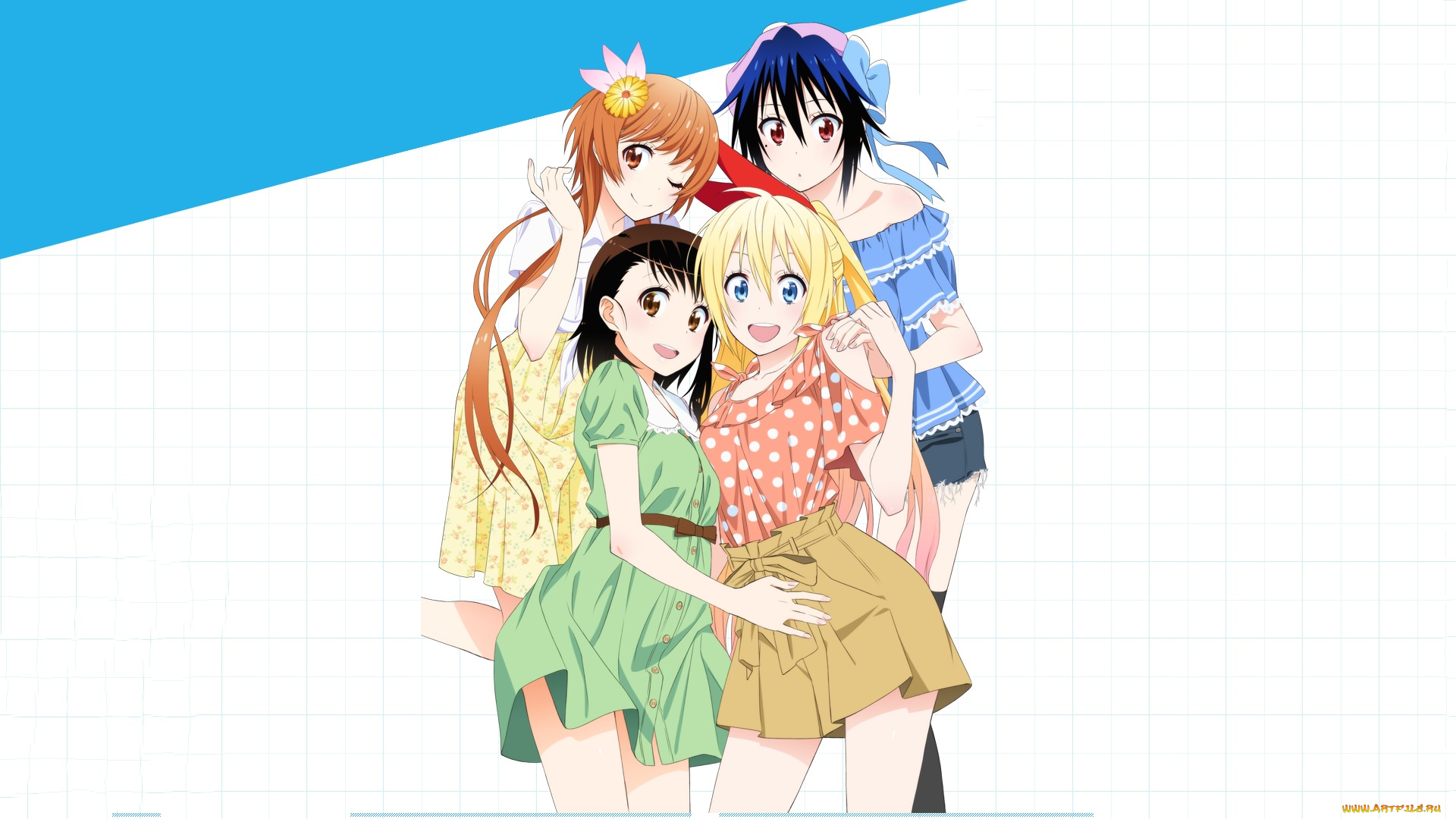 аниме, nisekoi, взгляд, девушки, фон