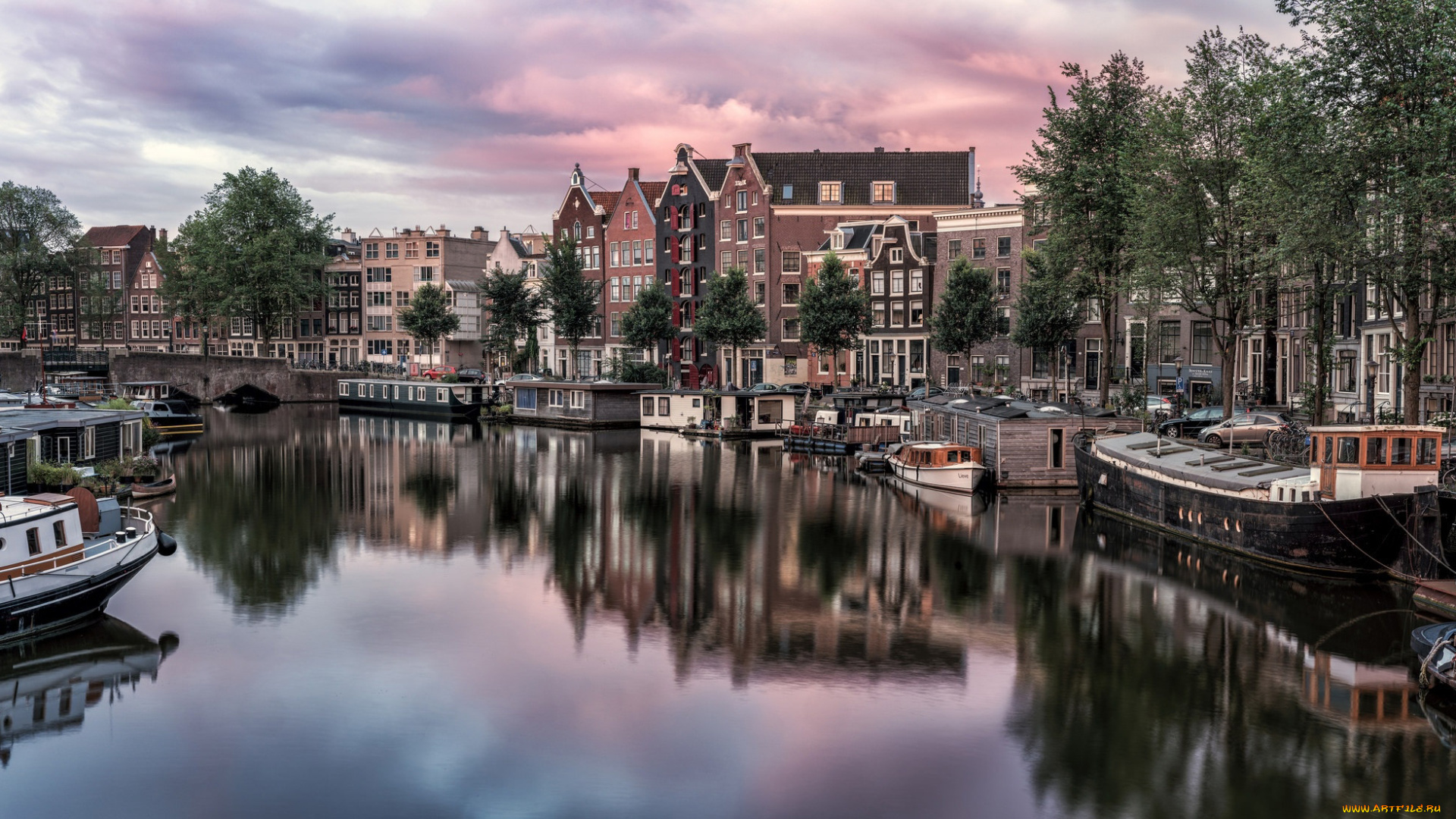 города, амстердам, , нидерланды, баржи, канал, отражение
