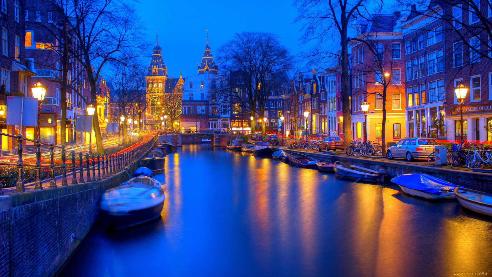 города, амстердам, , нидерланды, вечер, лодки, огни, канал