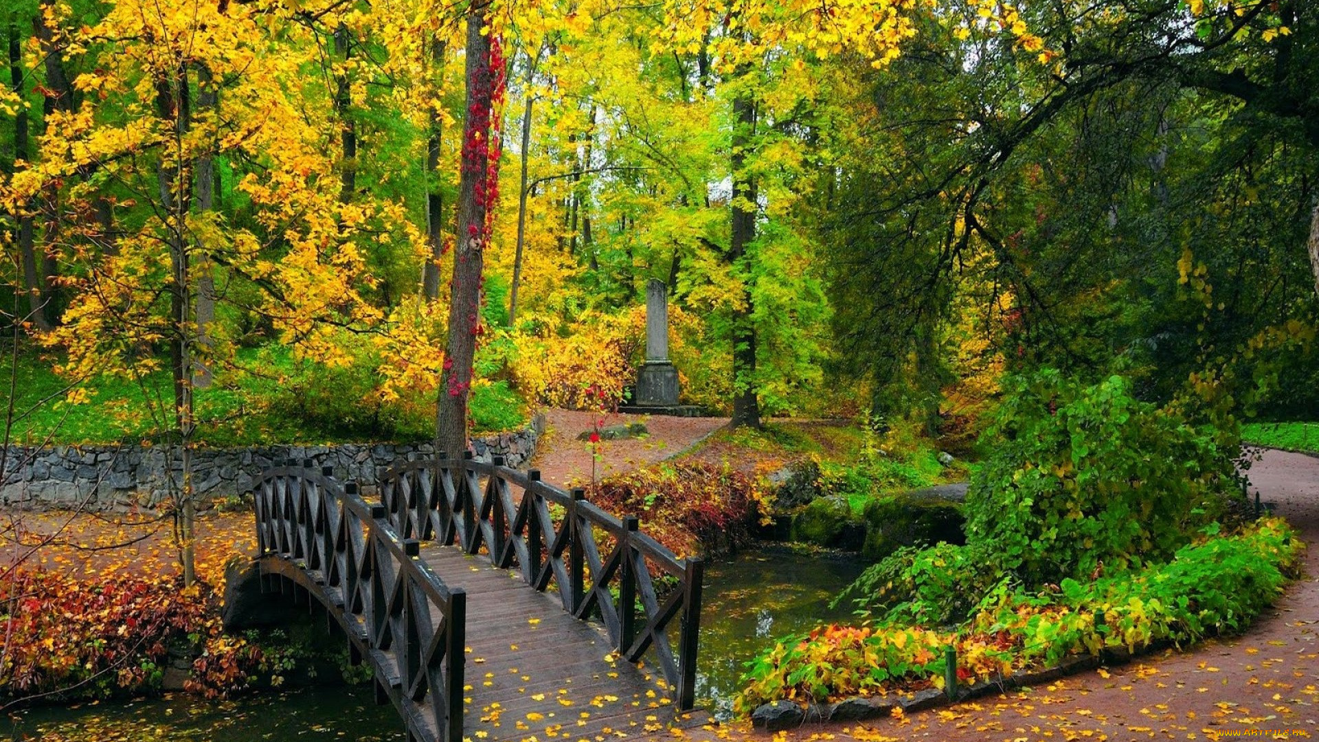природа, парк, водоем, листопад, мостик, осень