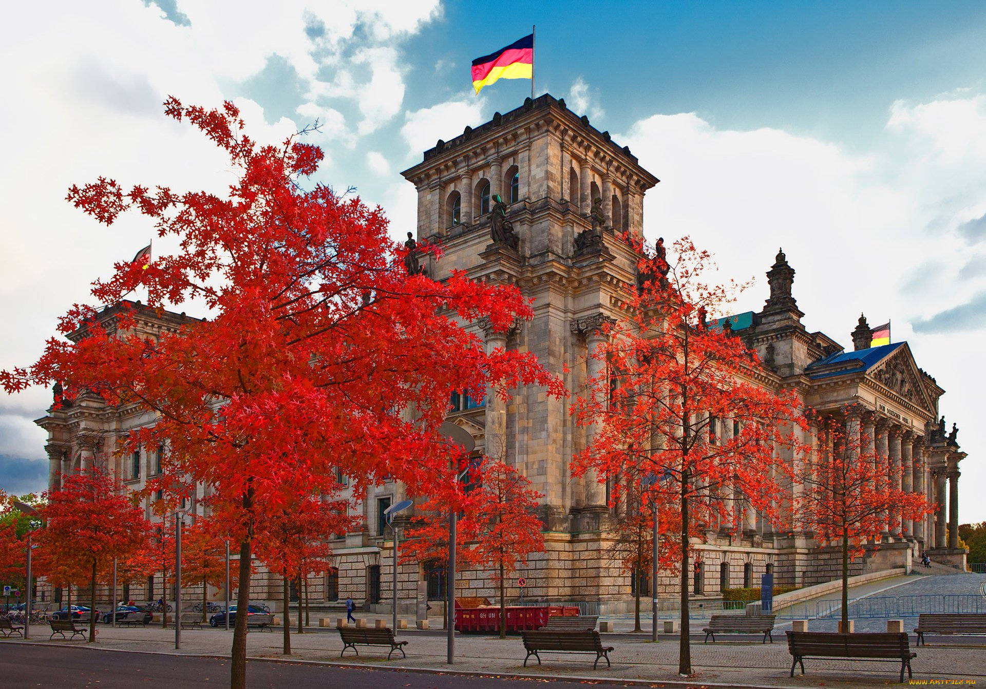 города, берлин, , германия, флаг, осень, скамейки