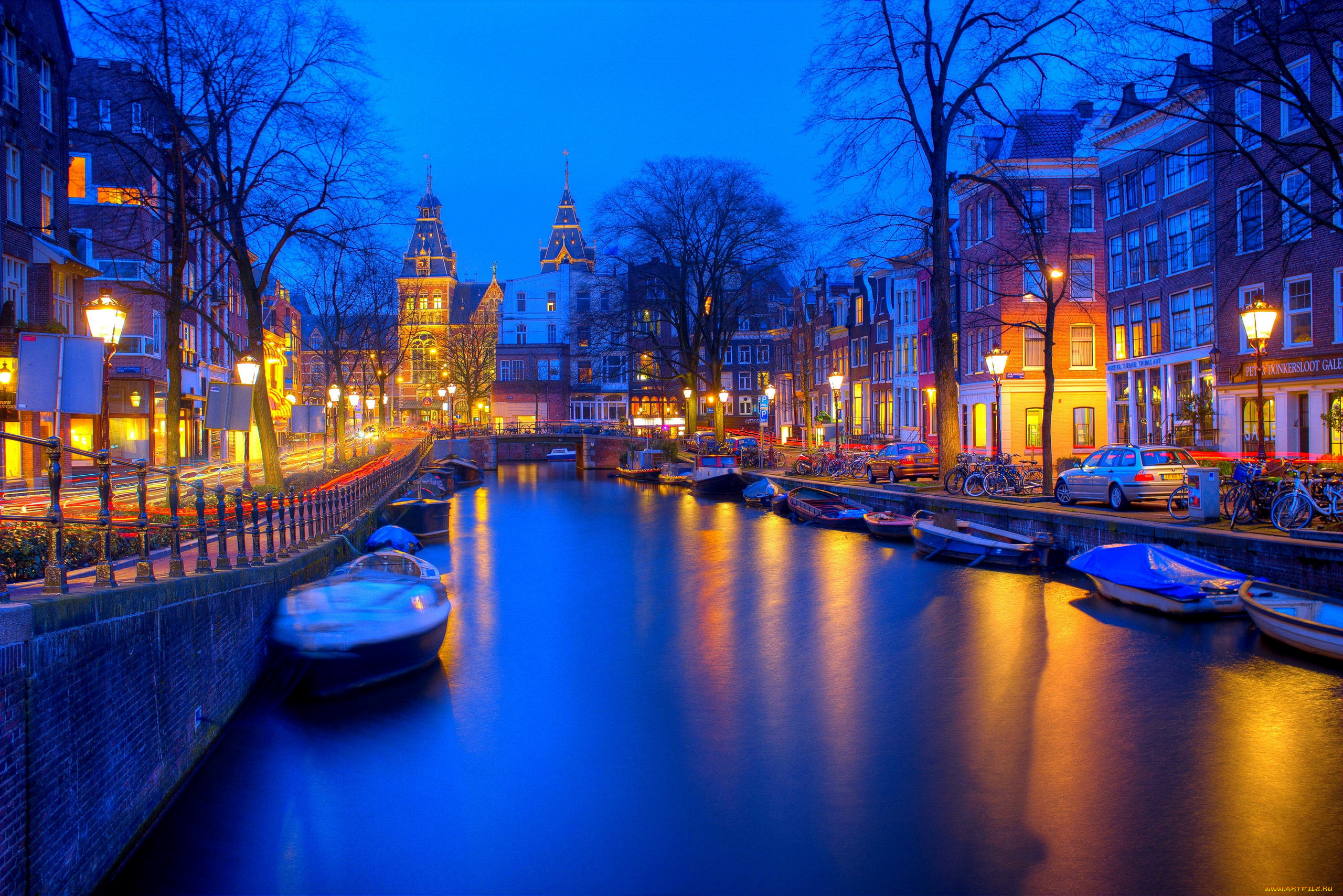 города, амстердам, , нидерланды, вечер, лодки, огни, канал