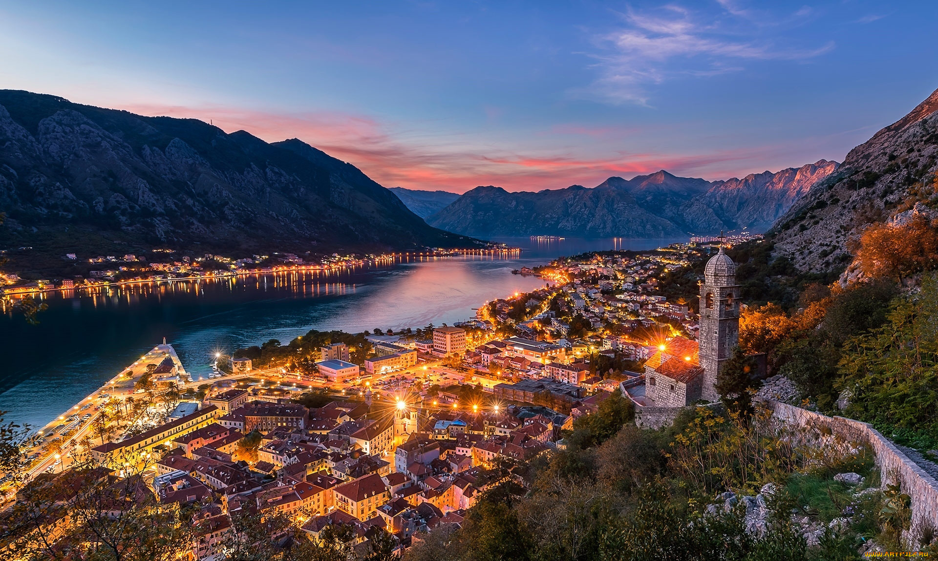 tivat, montenegro, города, -, огни, ночного, города