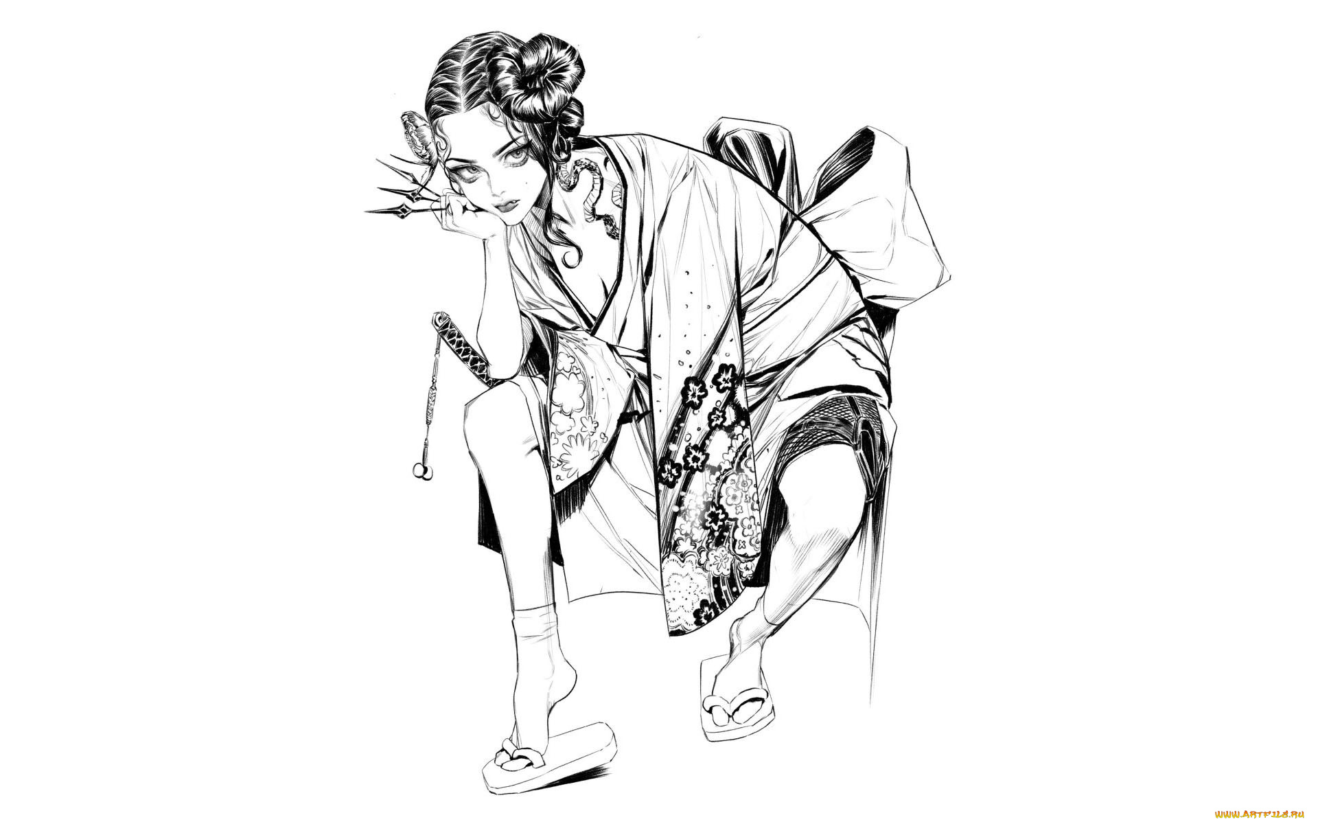 рисованное, люди, девушка, кимоно