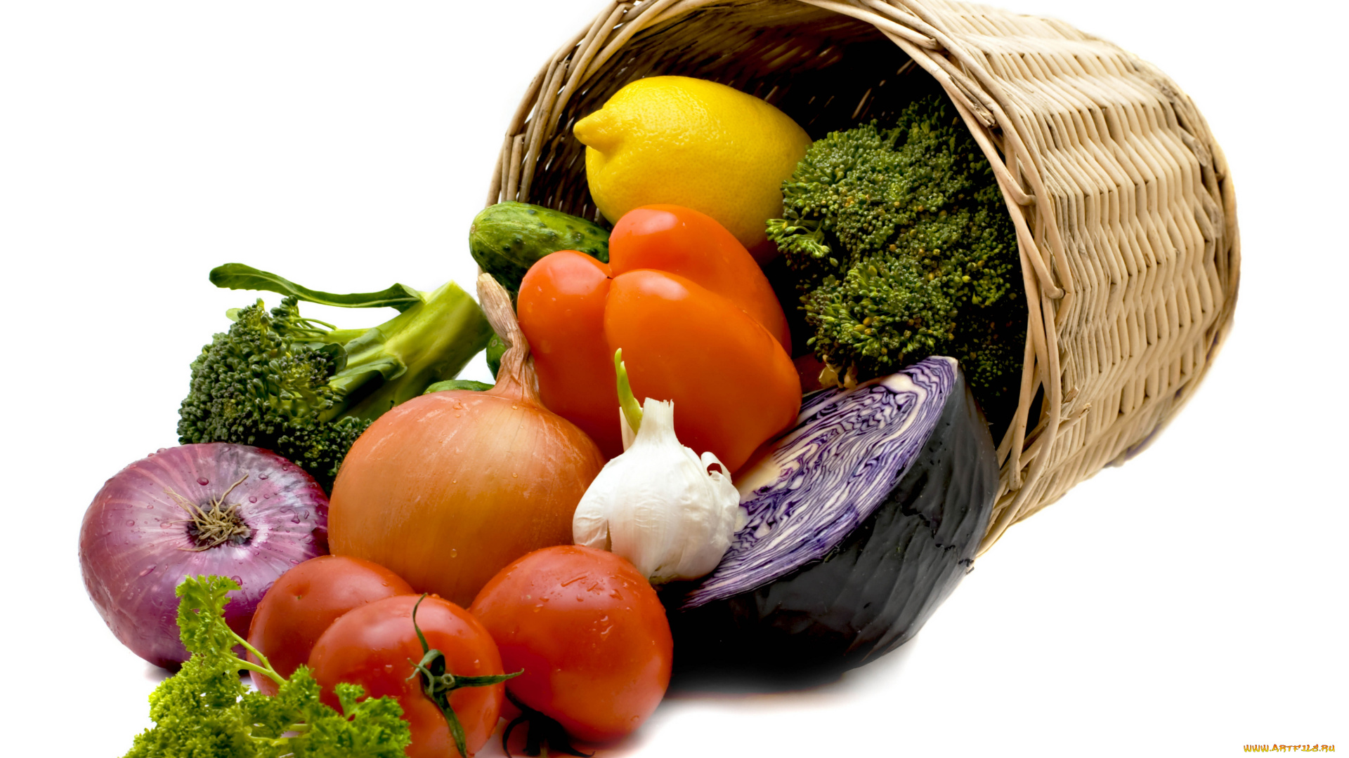 еда, овощи, продукты, белый, фон, корзина, лимон, помидоры, лук, томаты, цветная, капуста, капуста