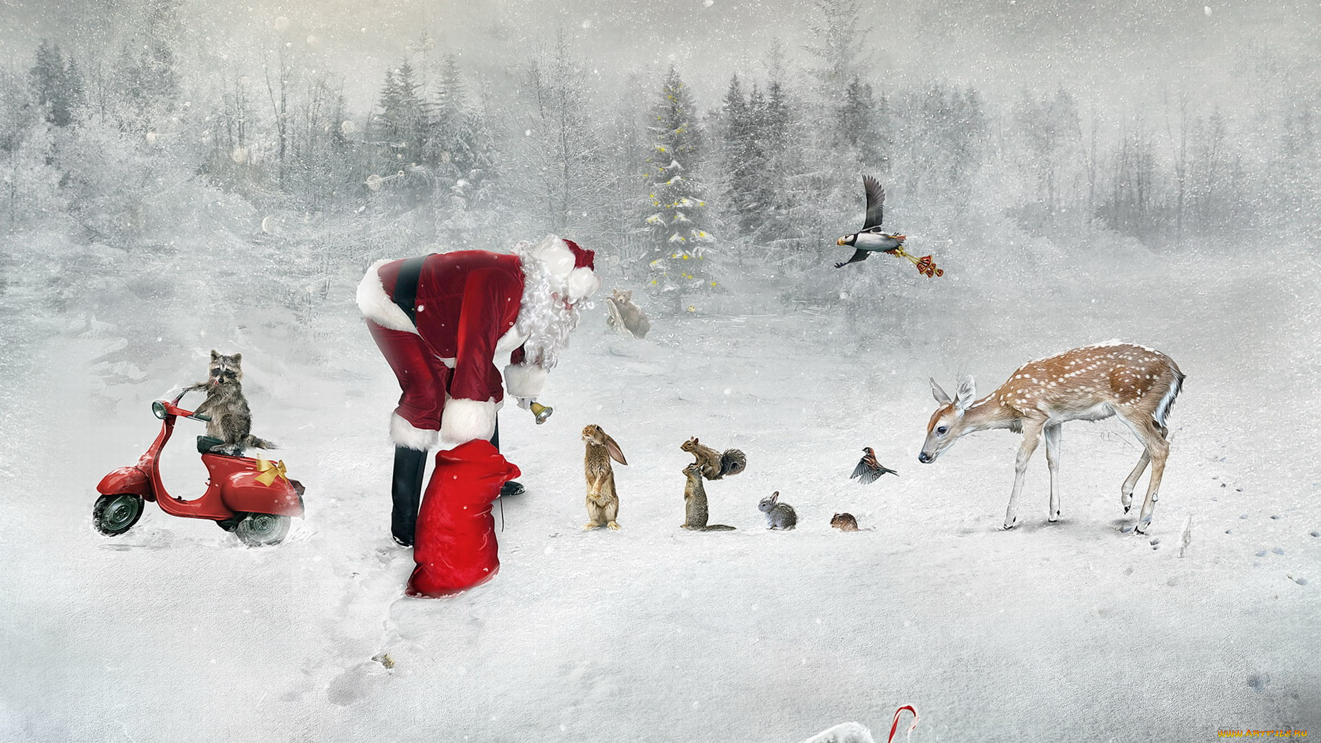 праздничные, рисованные, енот, зима, зайцы, олень, новый, год, дед, мороз, рождество, мотороллер, снег