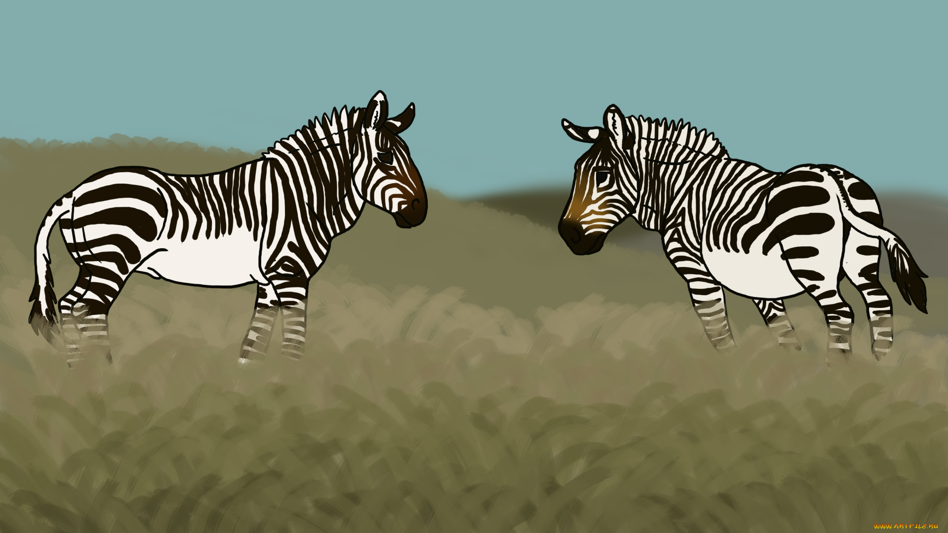 рисованные, животные, зебры, поле