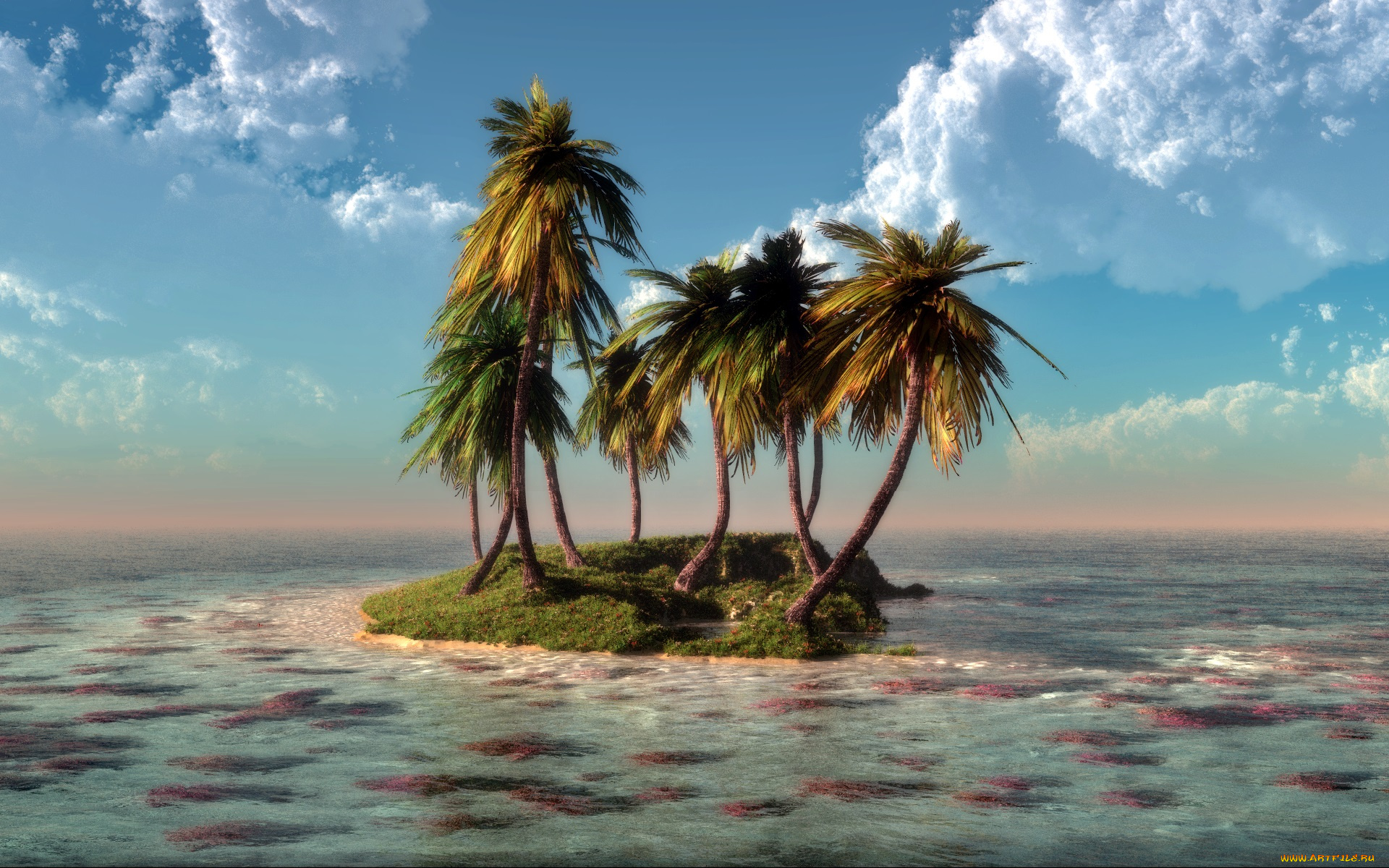 3д, графика, nature, landscape, природа, пальмы, остров