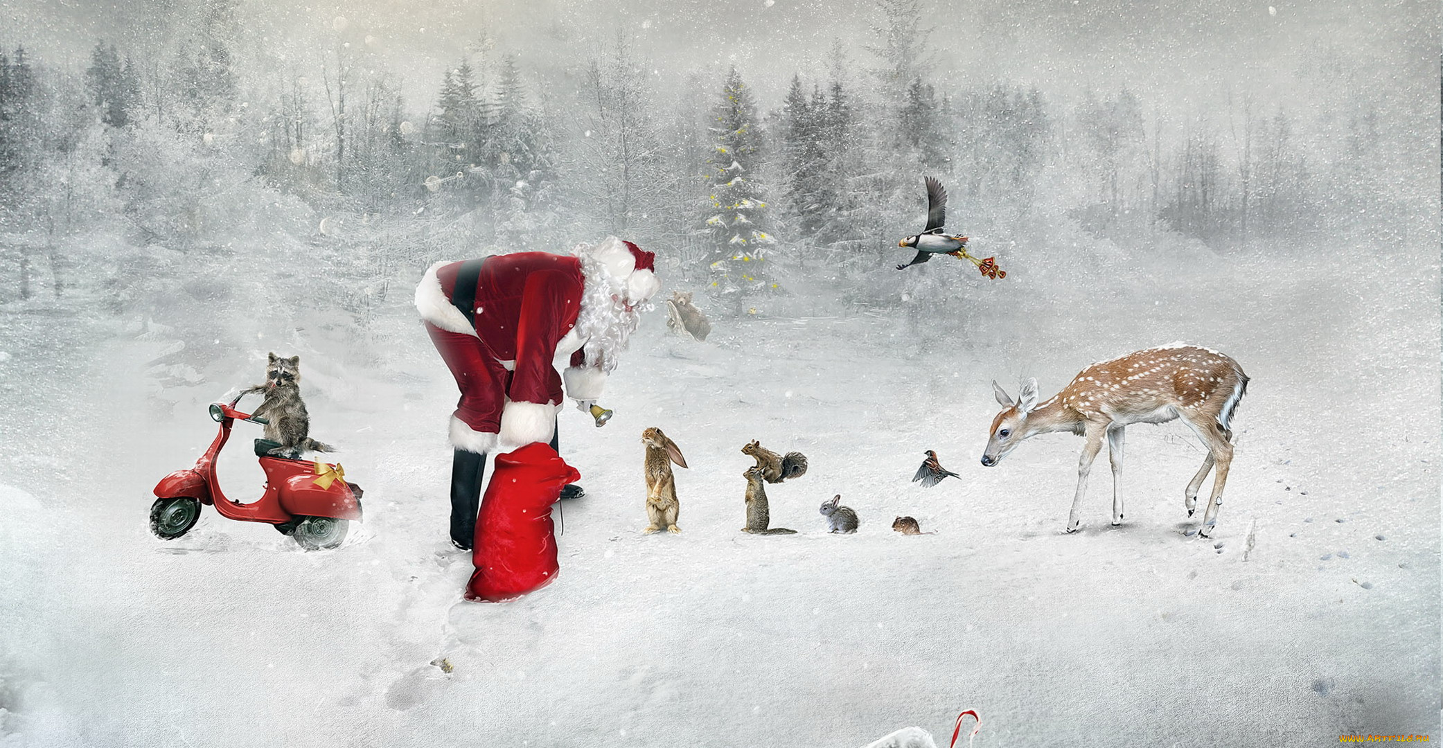 праздничные, рисованные, енот, зима, зайцы, олень, новый, год, дед, мороз, рождество, мотороллер, снег