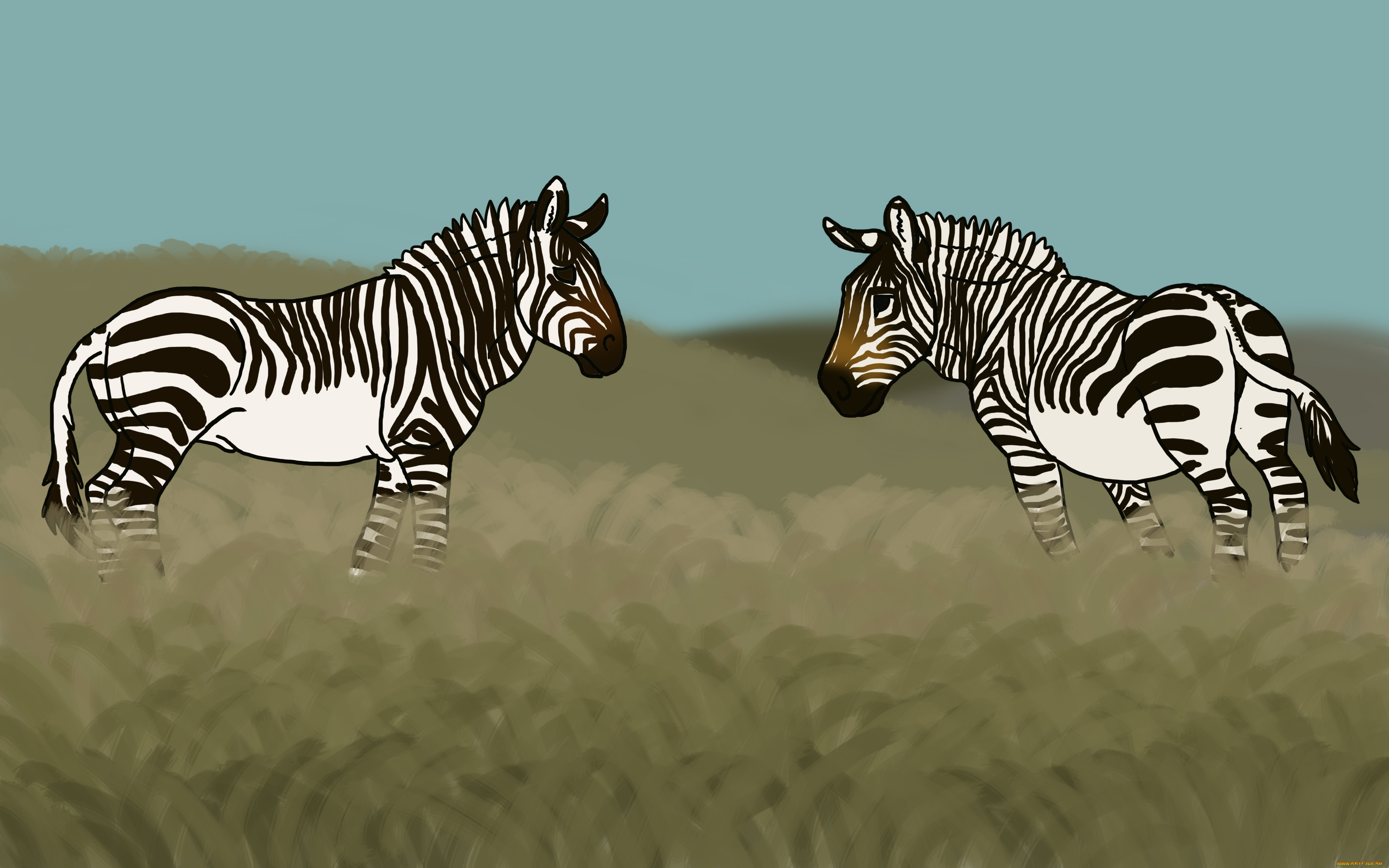 рисованные, животные, зебры, поле