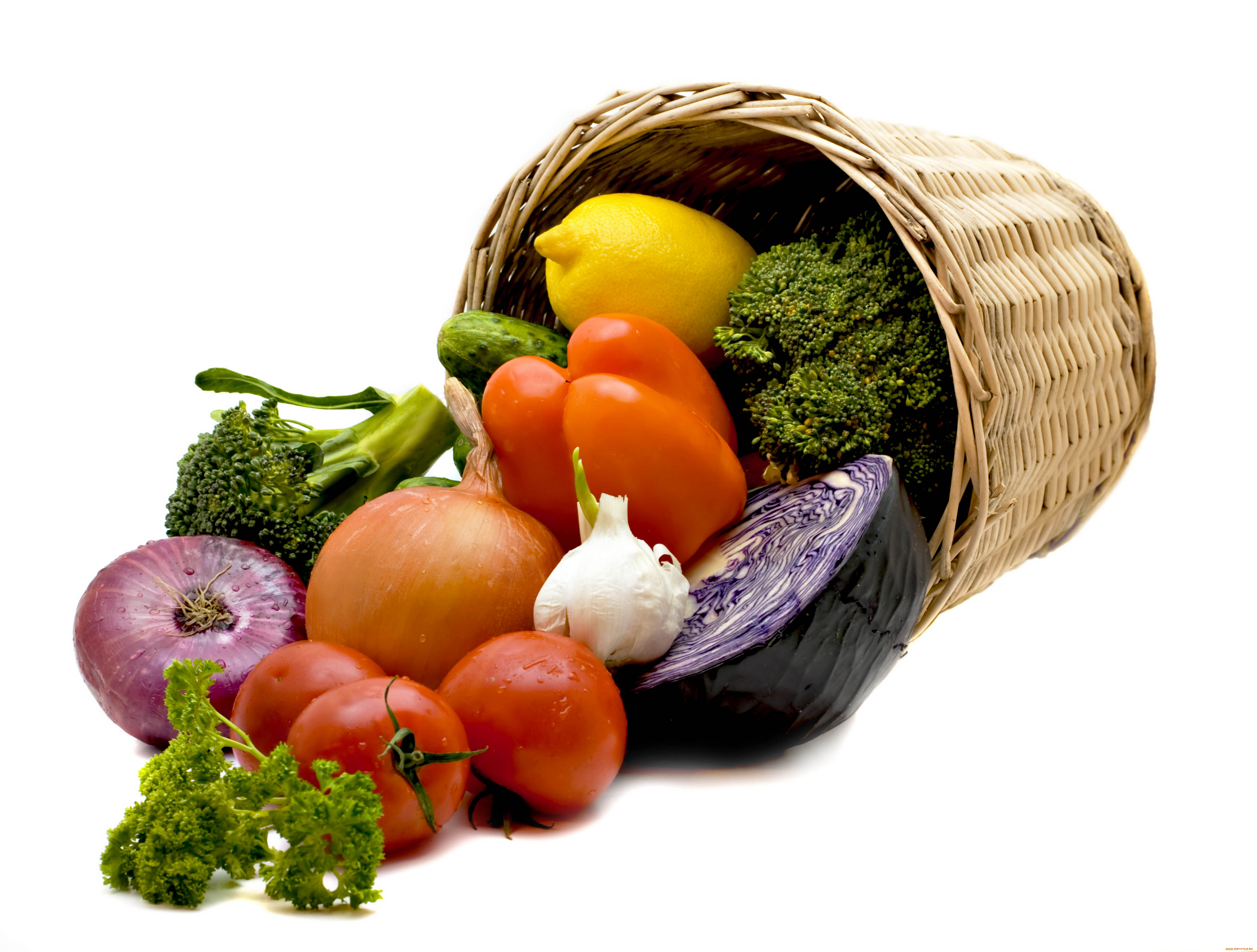 еда, овощи, продукты, белый, фон, корзина, лимон, помидоры, лук, томаты, цветная, капуста, капуста