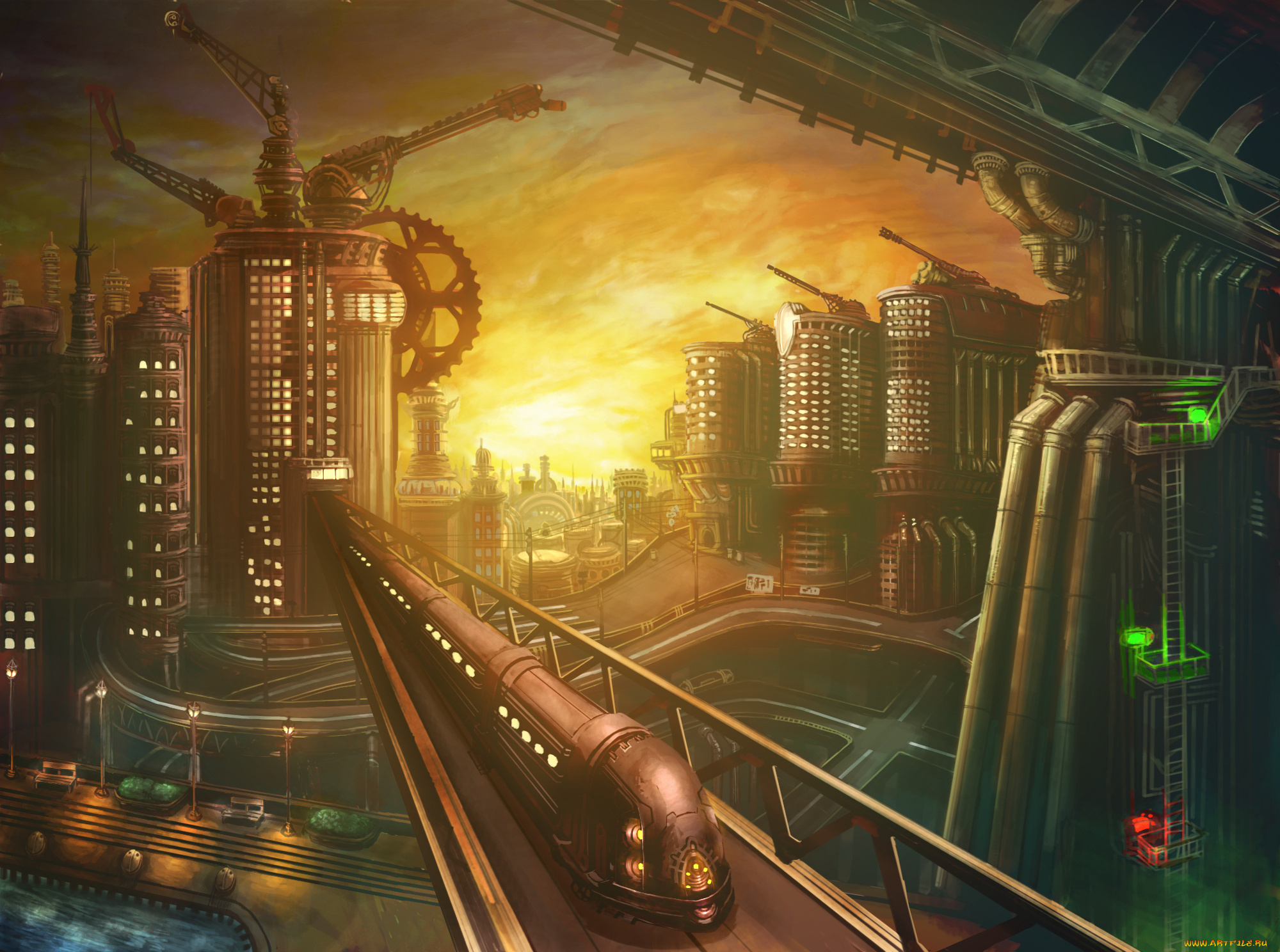 фэнтези, иные, миры, , иные, времена, мегаполис, поезд, здания, мир, будущее, иной