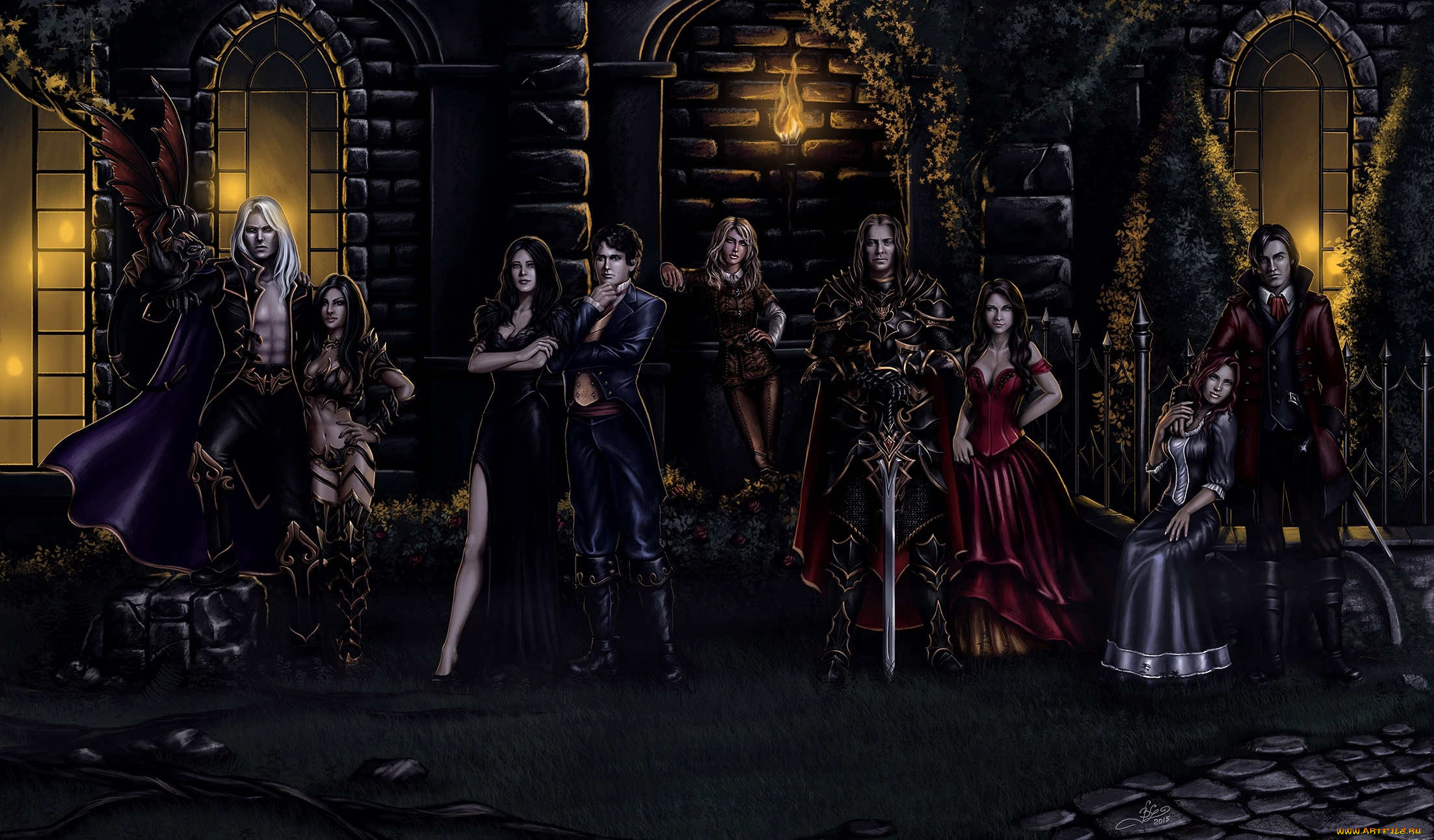 фэнтези, люди, женщины, ночь, меч, рыцарь, костюмы, факел, замок, мужчины, мистика, вампир, арт