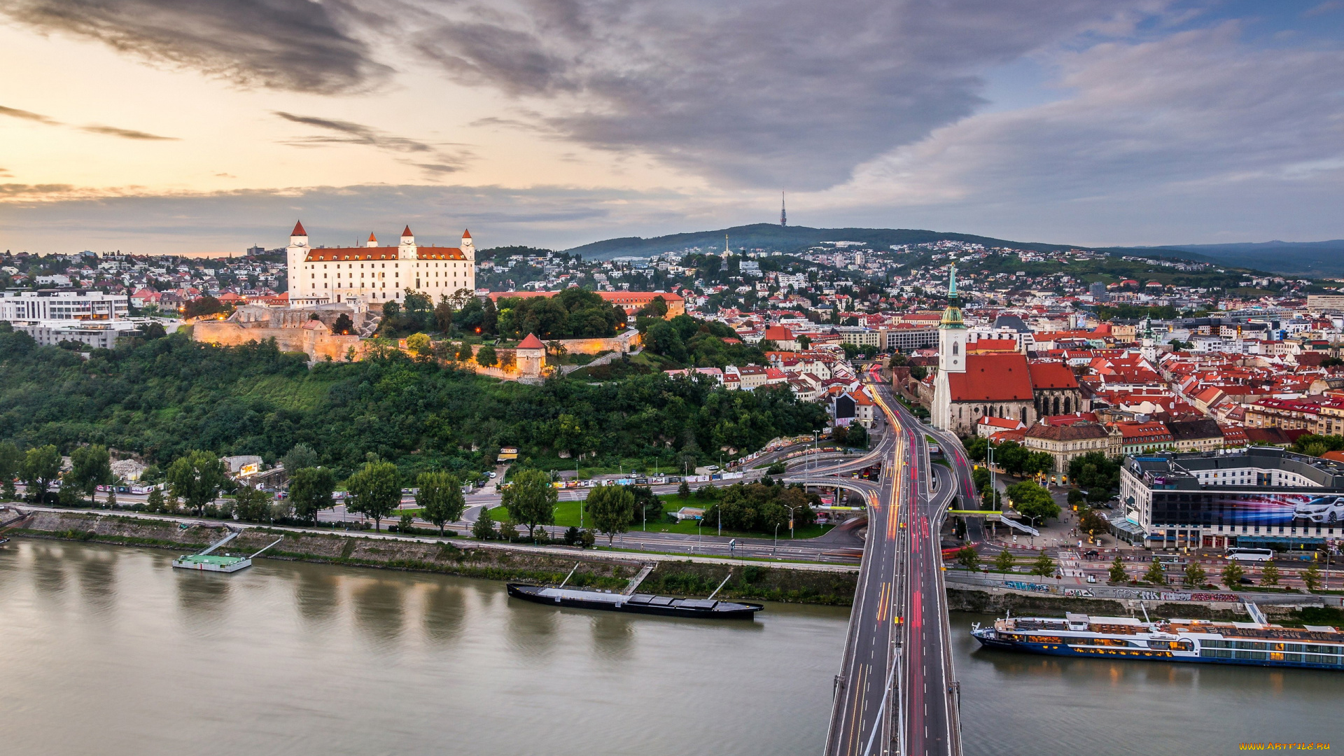 города, братислава, , словакия, река, мост, панорама