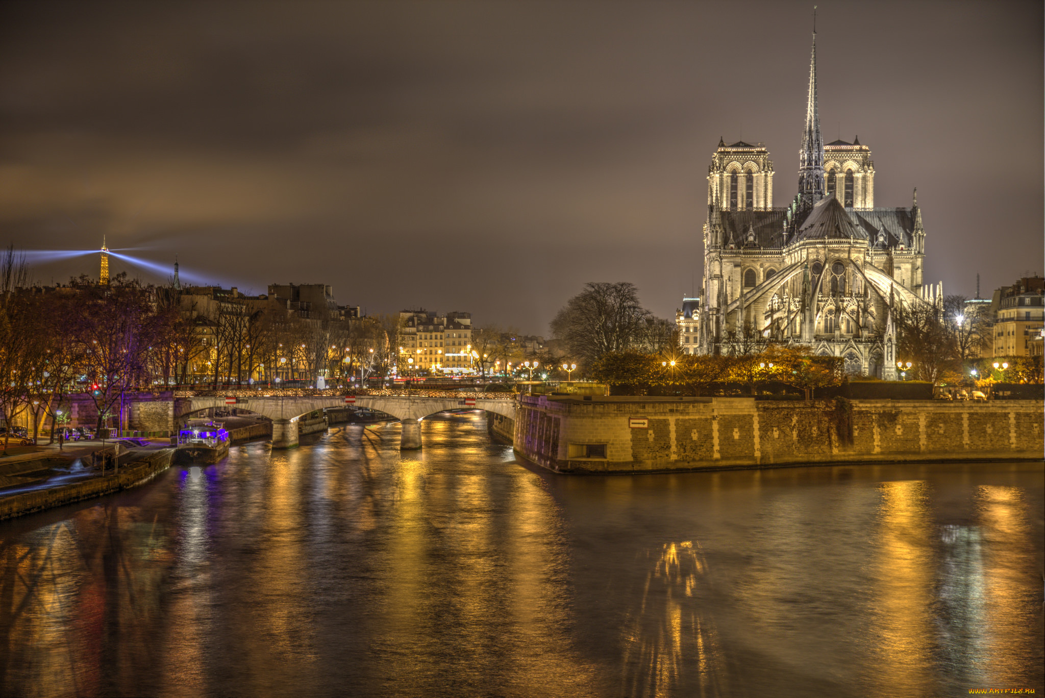 notre, dame, города, париж, , франция, собор, река, ночь