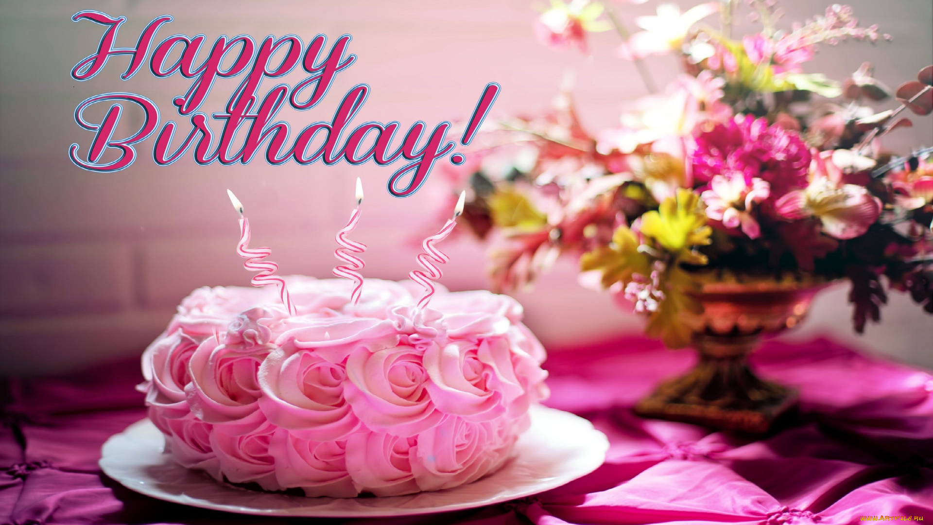 праздничные, день, рождения, поздравление, торт, букет, надпись, свечи