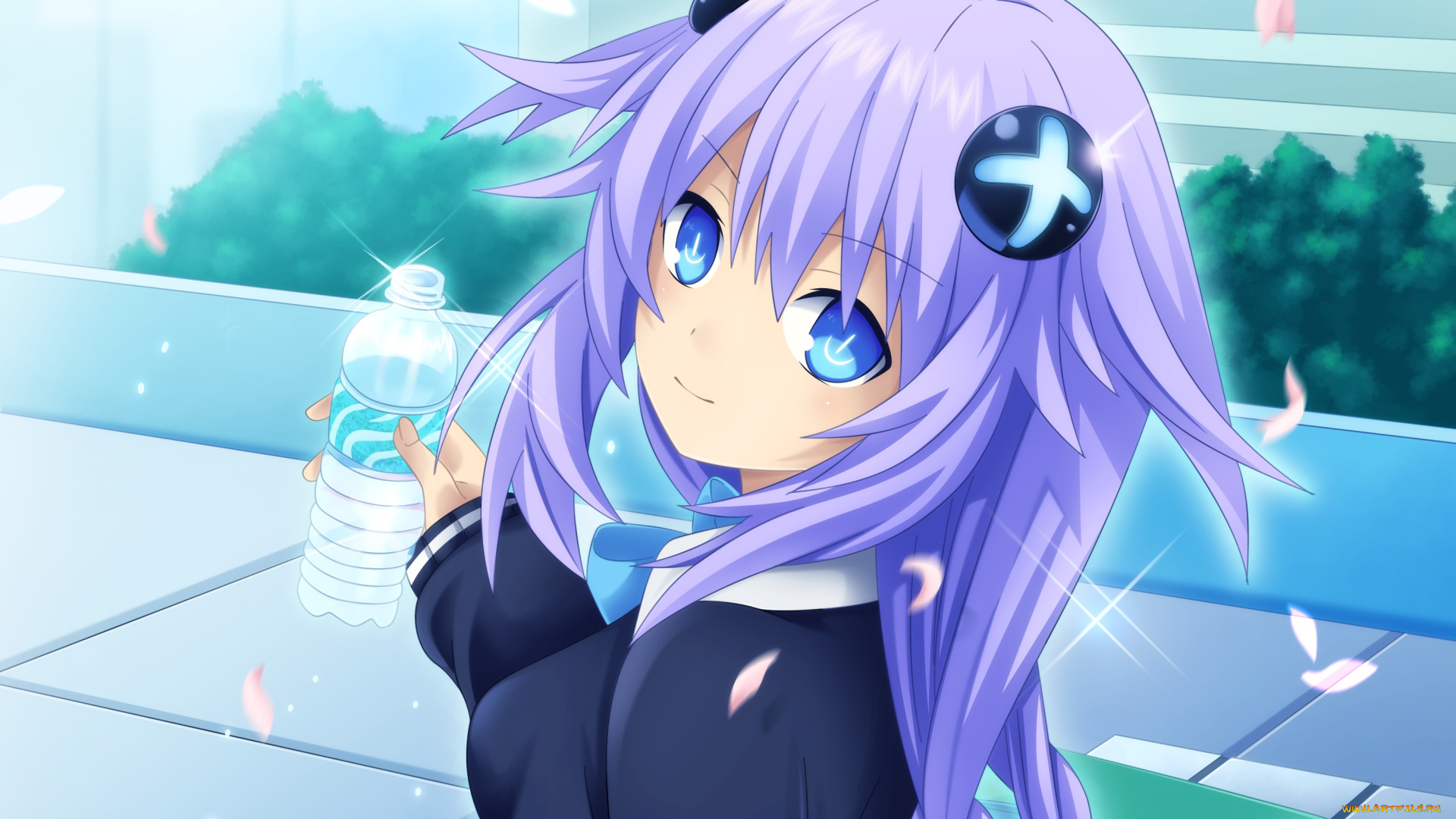 аниме, hyperdimension, neptunia, взгляд, hyperdimension, neptunia, девушка, бутылка, purple, heart, арт, planeptune