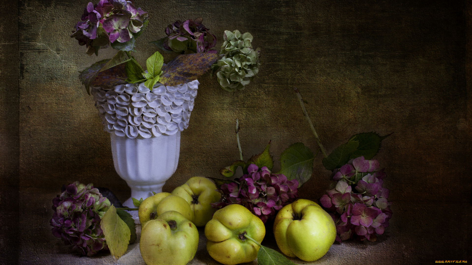 еда, натюрморт, ретро, яблоки, цветы, ваза