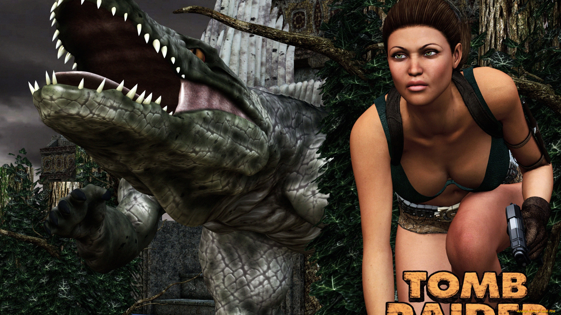 видео, игры, tomb, raider, 2013, фон, взгляд, девушка, динозавр, оружие