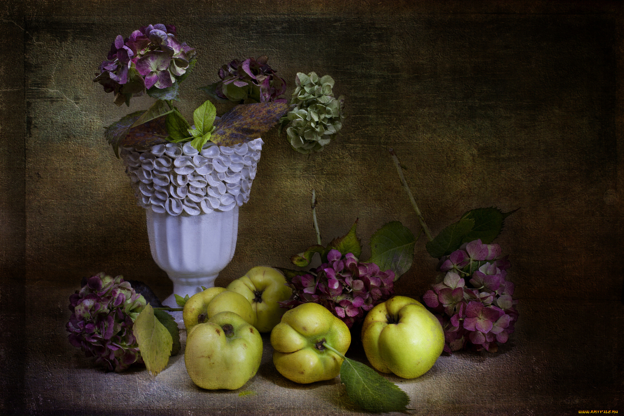еда, натюрморт, ретро, яблоки, цветы, ваза