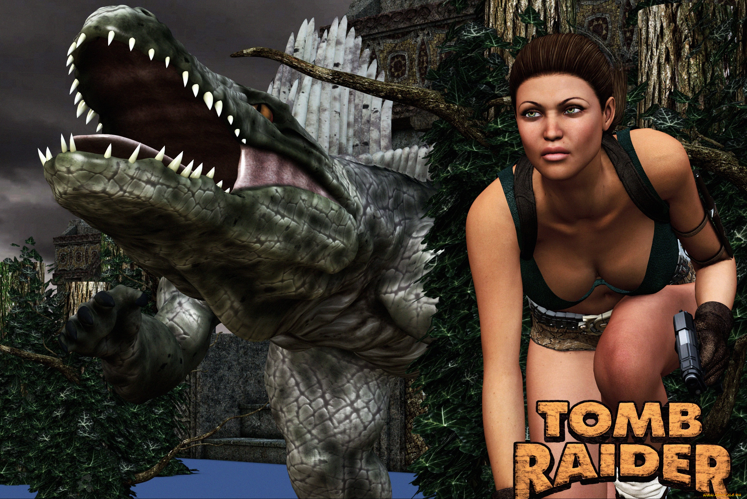 видео, игры, tomb, raider, 2013, фон, взгляд, девушка, динозавр, оружие