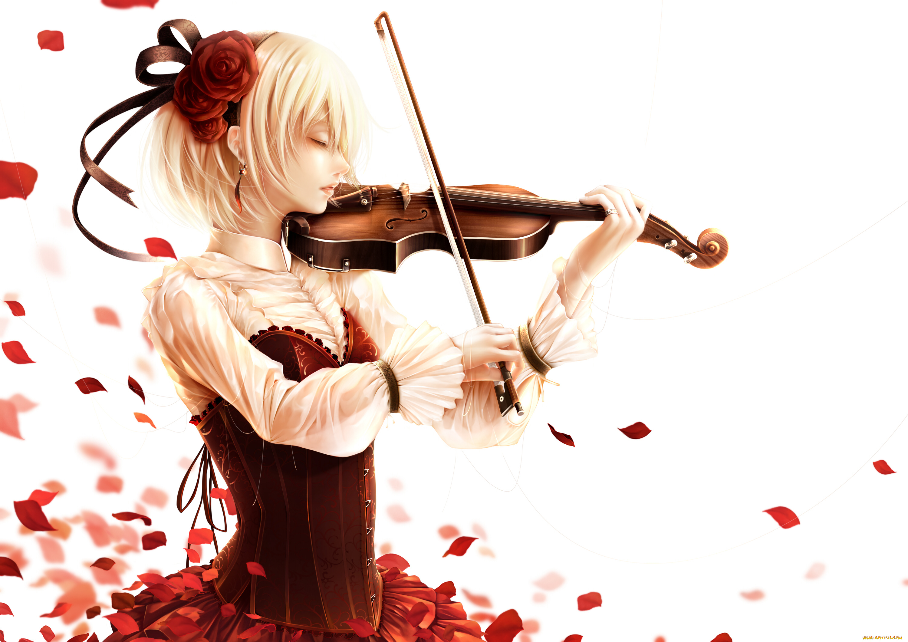 аниме, музыка, bouno, satoshi, девушка, цветы, розы, лепестки, скрипка, арт, белый, фон