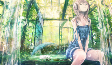Картинка аниме музыка арт popopo5656 зонт кошка кот вода растения наушники оранжерея девушка