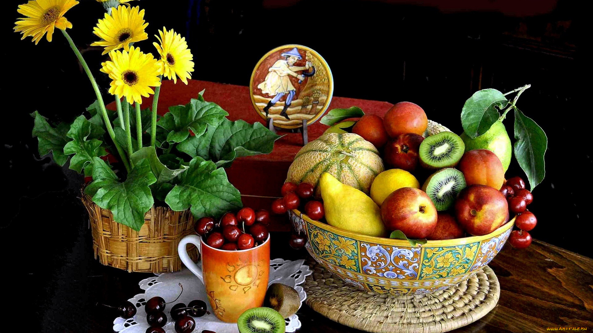 еда, натюрморт, фрукты, ягоды, цветы