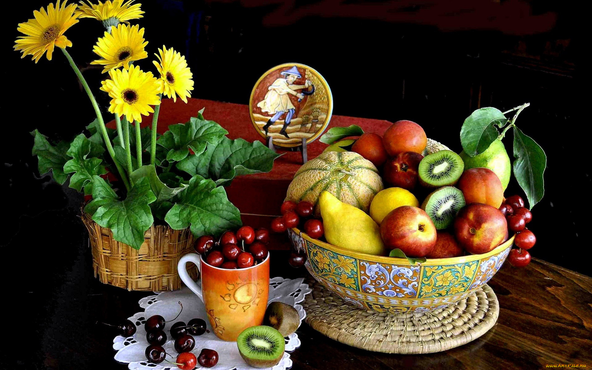 еда, натюрморт, фрукты, ягоды, цветы
