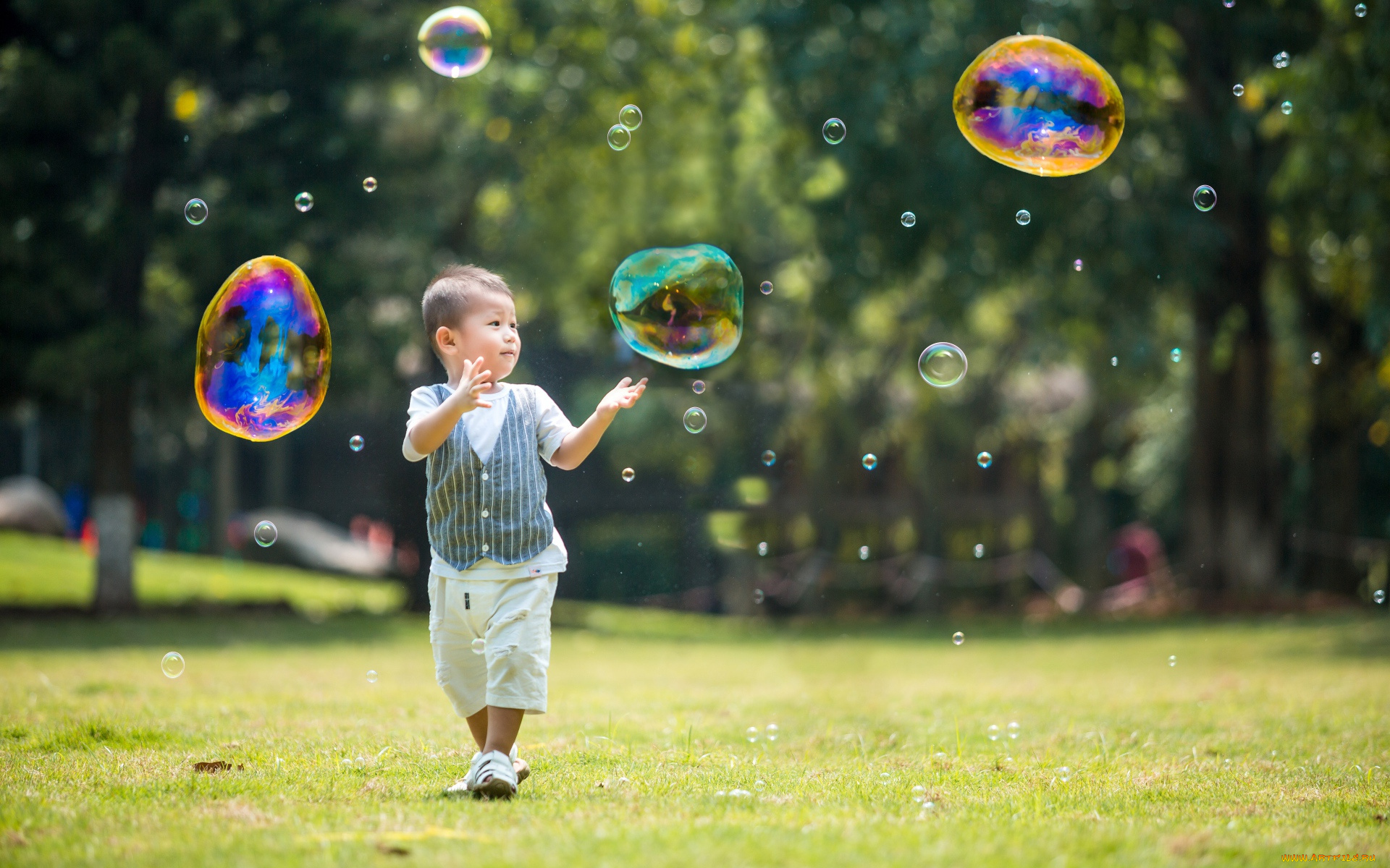 разное, дети, мальчик, лужайка, пузыри