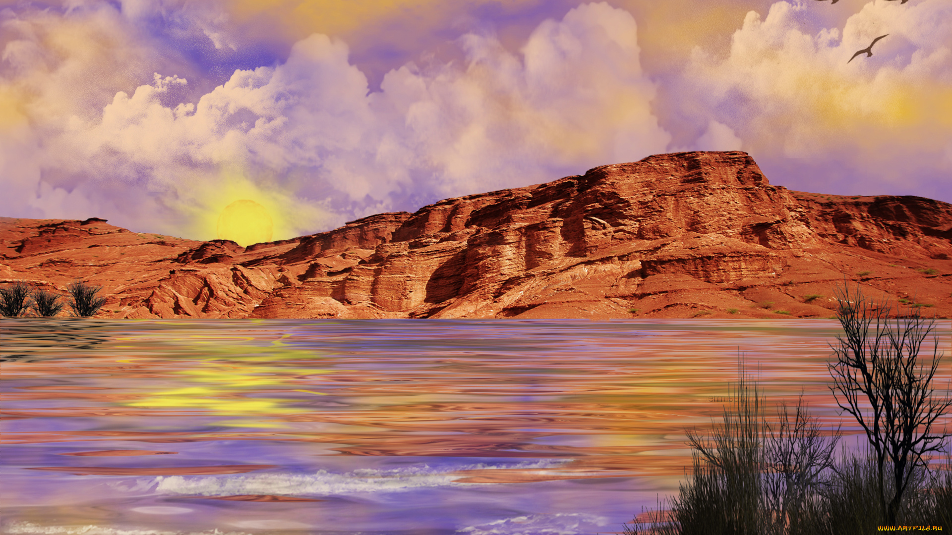 arizona, sunset, 3д, графика, nature, landscape, природа, птицы, озеро, скалы, кусты
