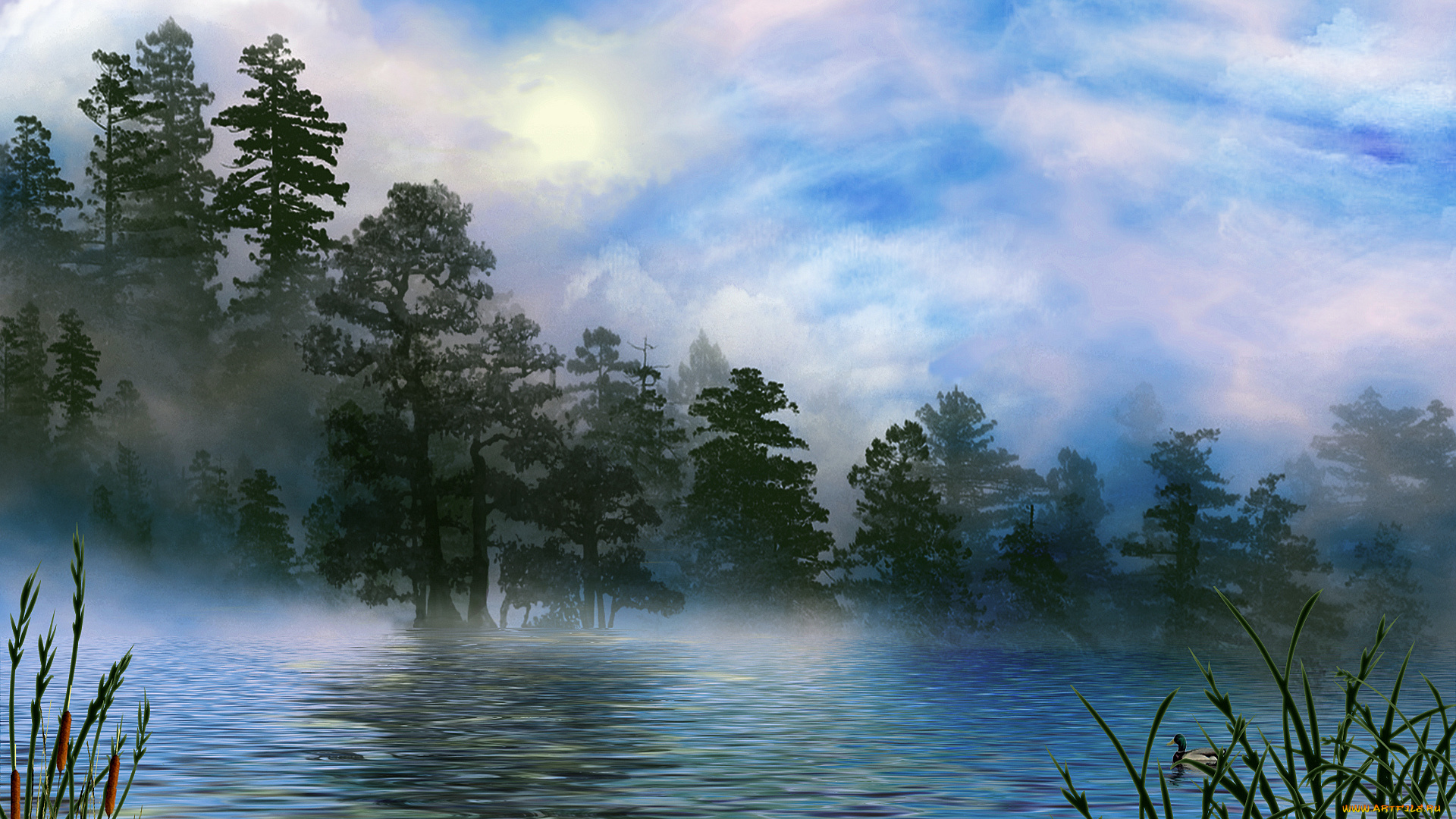 foggy, breakdown, 3д, графика, nature, landscape, природа, озеро, лес, утка, туман