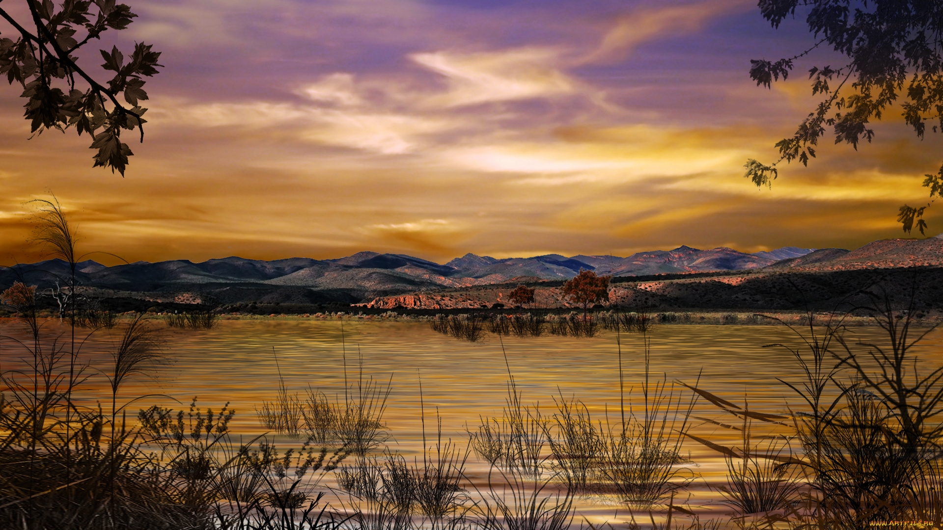 marshlands, 3д, графика, nature, landscape, природа, горы, трава, озеро