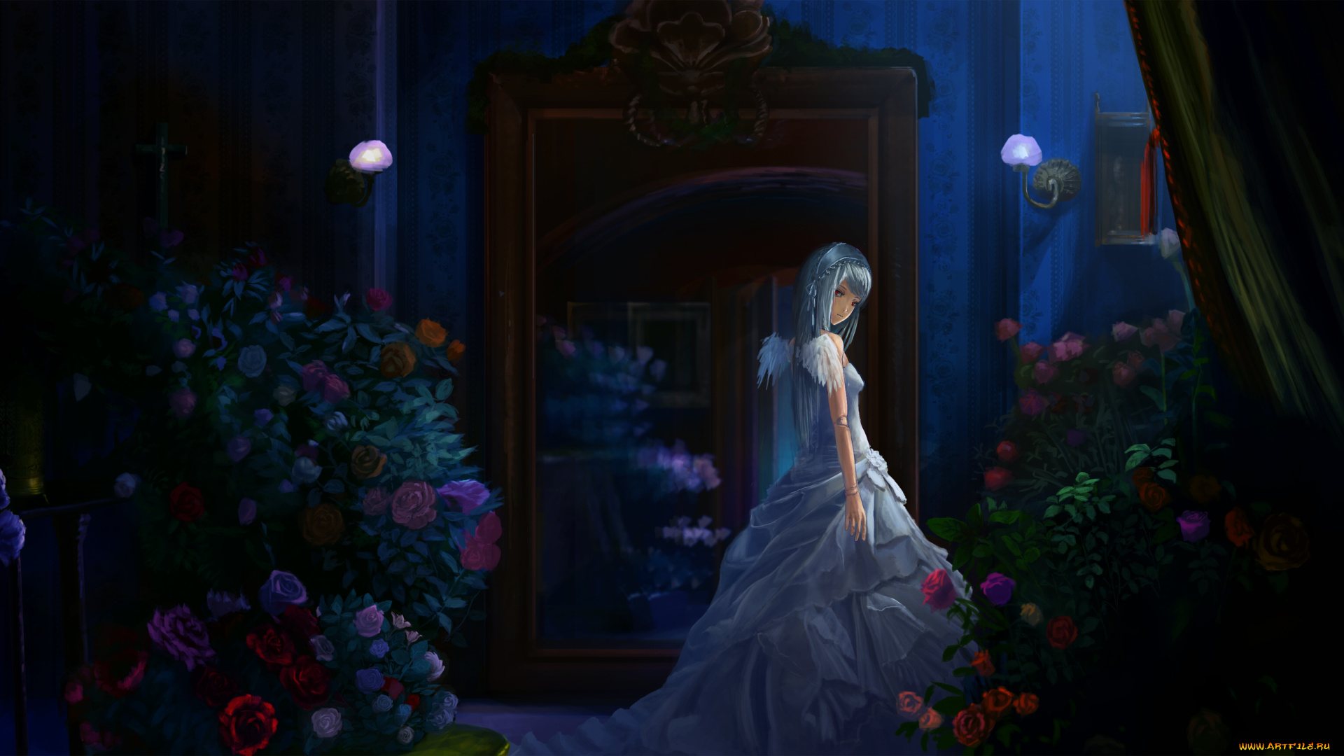 by, akibakeisena, аниме, rozen, maiden, suigintou, свечи, сервант, ночь, крылья, букеты, цветы, комната, девушка, платье, розы, светильник