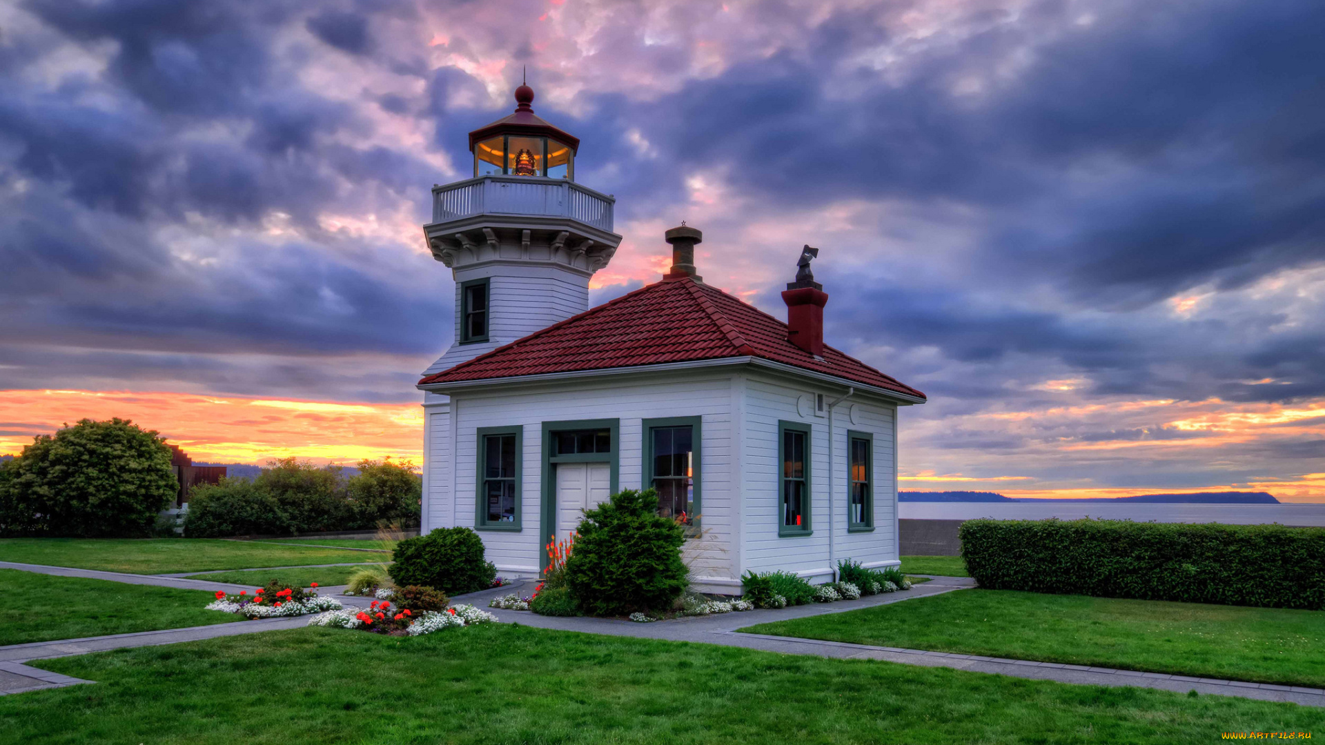 mukilteo, lighthouse, clinton, washington, природа, маяки, tulalip, bay, клинтон, вашингтон, закат, газоны, клумбы, побережье