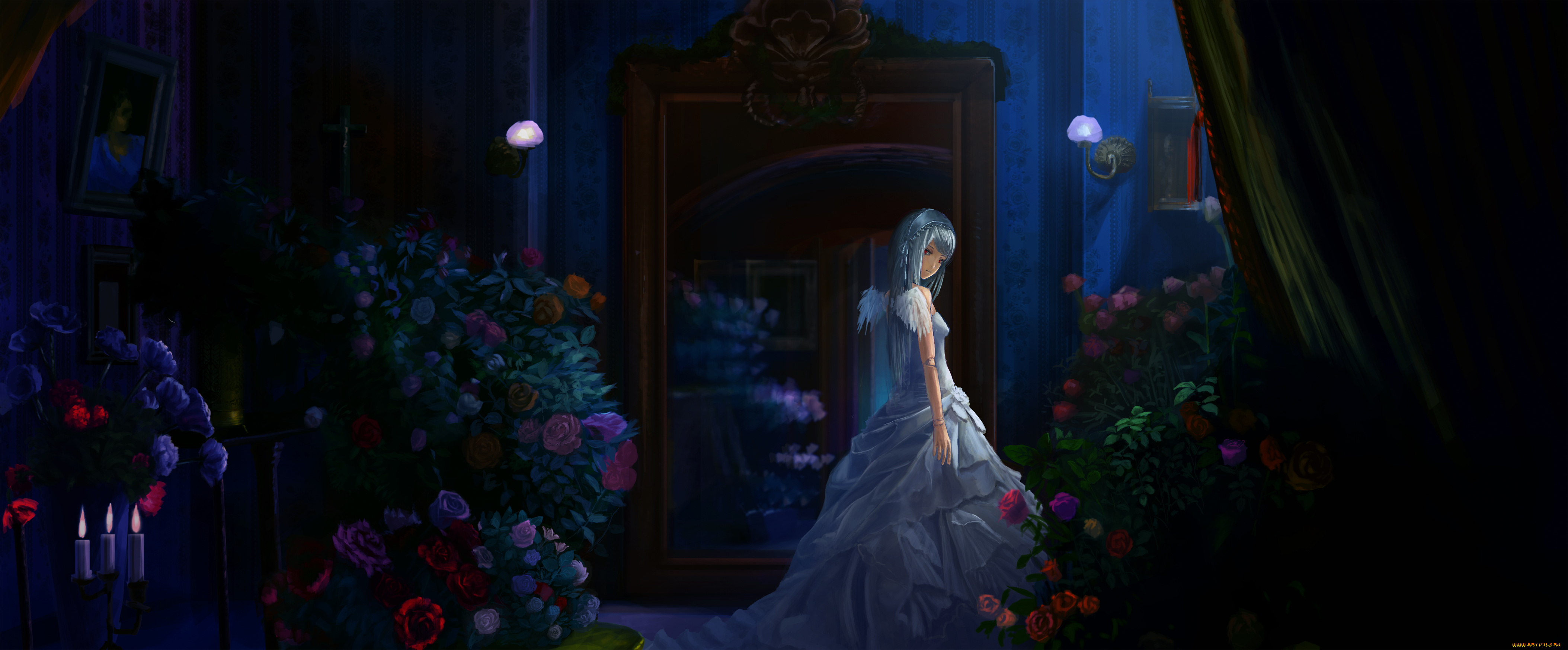 by, akibakeisena, аниме, rozen, maiden, suigintou, свечи, сервант, ночь, крылья, букеты, цветы, комната, девушка, платье, розы, светильник