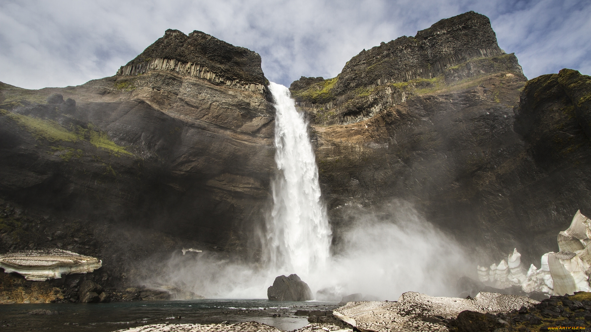 природа, водопады, брызги, поток, водопад, скала, исландия