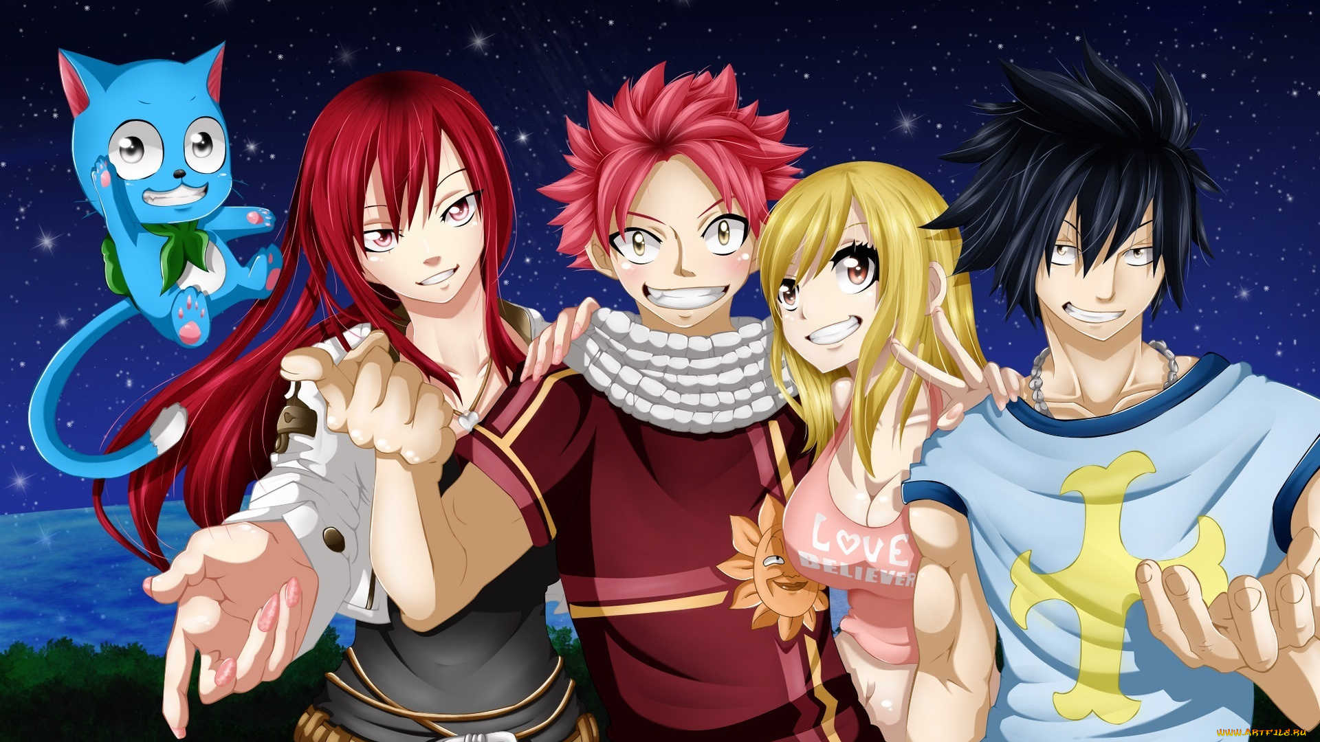 аниме, fairy, tail, девушки, anime, erza, scarlet, happy, gray, fullbuster, lucy, heartfilia, natsu, dragneel, fairy, tail, art, волшебники, парни