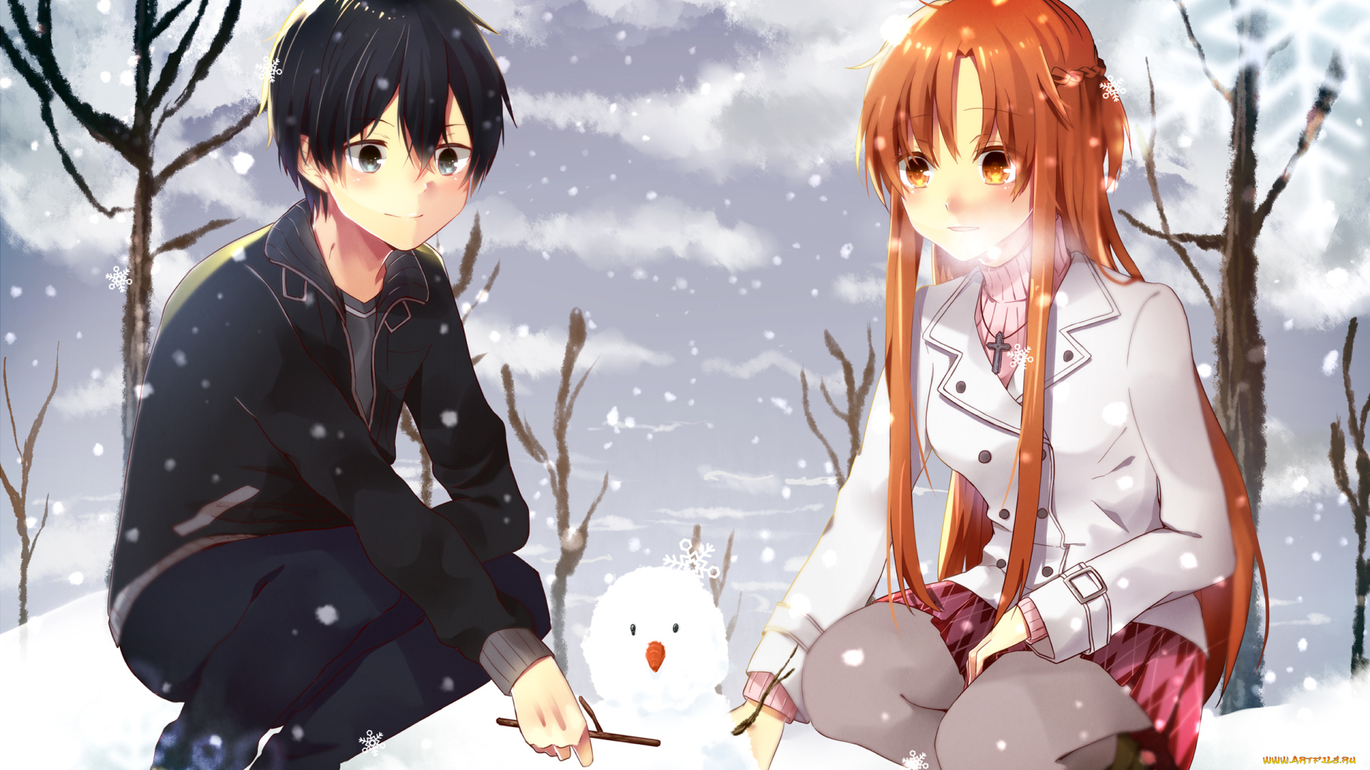аниме, sword, art, online, снег, девушка, парень, suguha, kirigaya, asuna, yuuki, sword, art, online, anime, снеговик