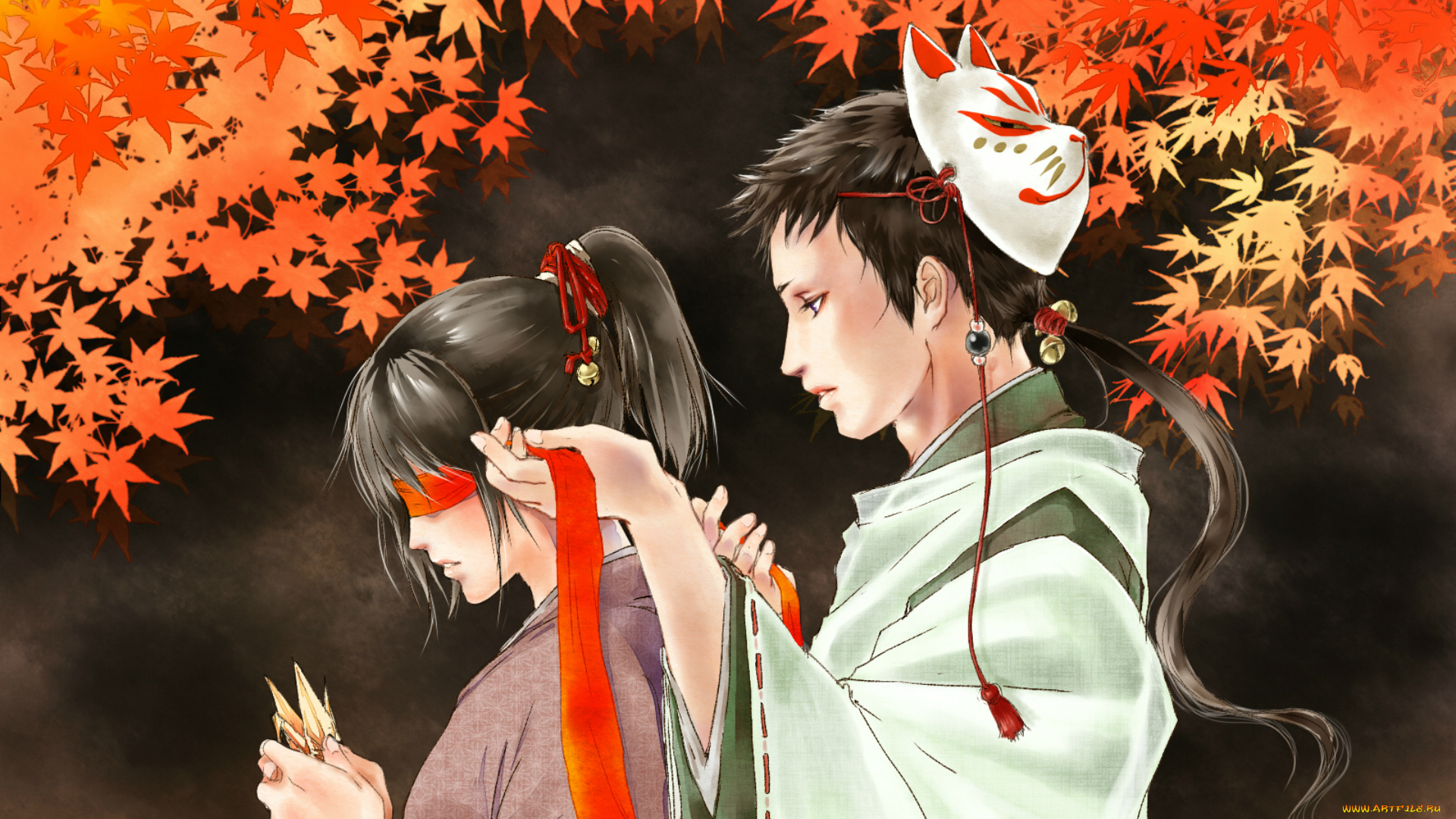 аниме, unknown, , другое, повязка, оригами, кимоно, маска, двое, мужчина, девушка