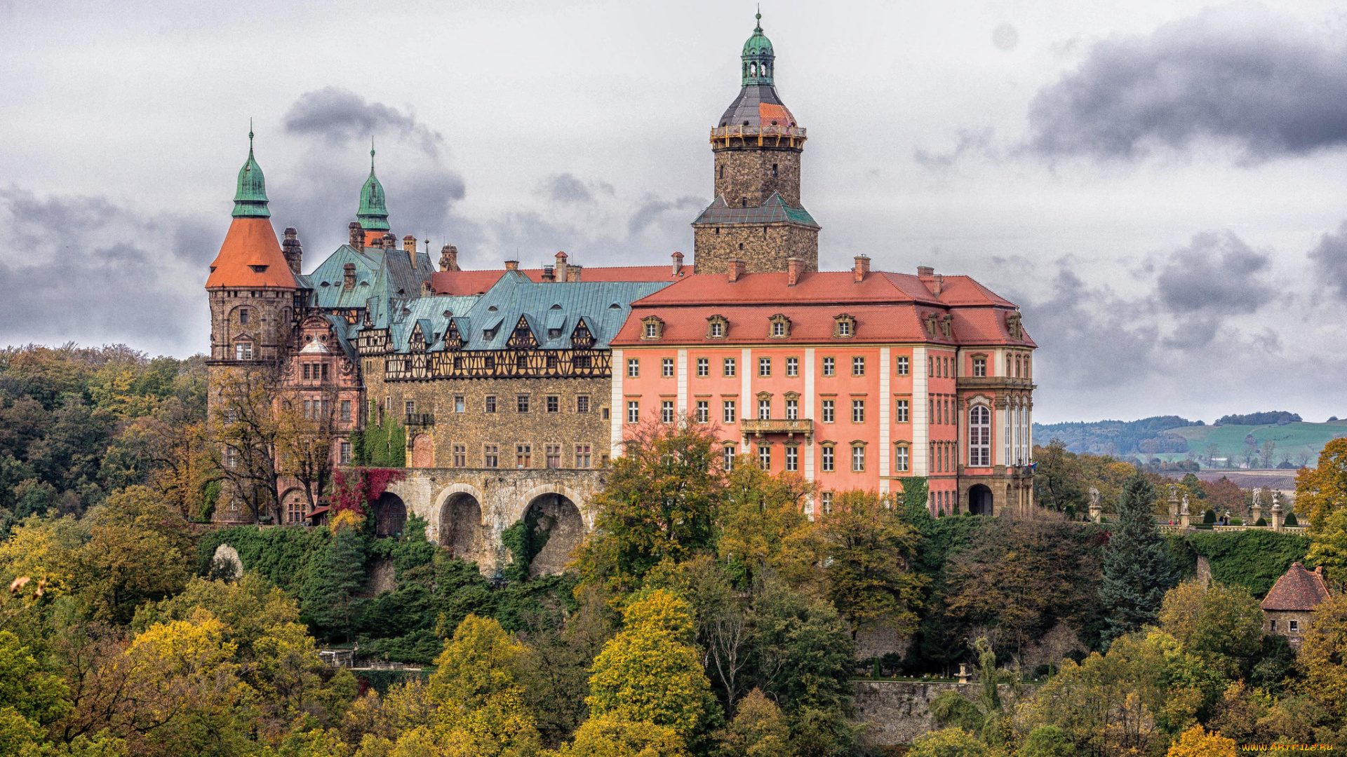 castle, fuerstenstein, , poland, города, замки, польши, замок, лес, осень