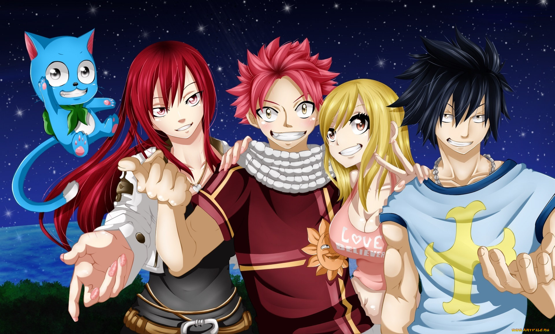 аниме, fairy, tail, девушки, anime, erza, scarlet, happy, gray, fullbuster, lucy, heartfilia, natsu, dragneel, fairy, tail, art, волшебники, парни