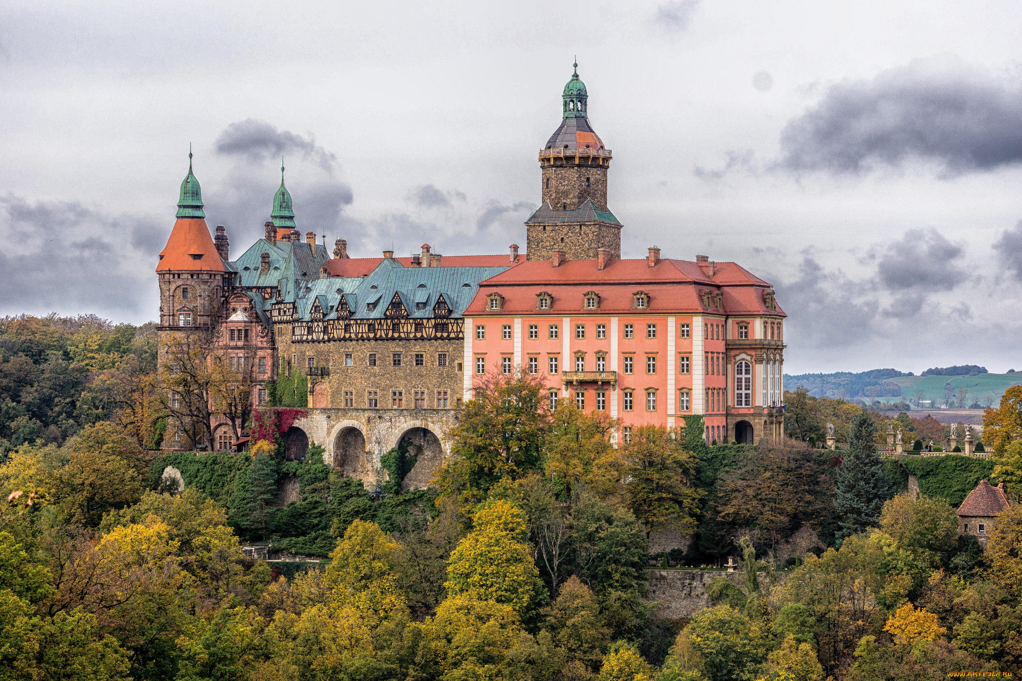 castle, fuerstenstein, , poland, города, замки, польши, замок, лес, осень