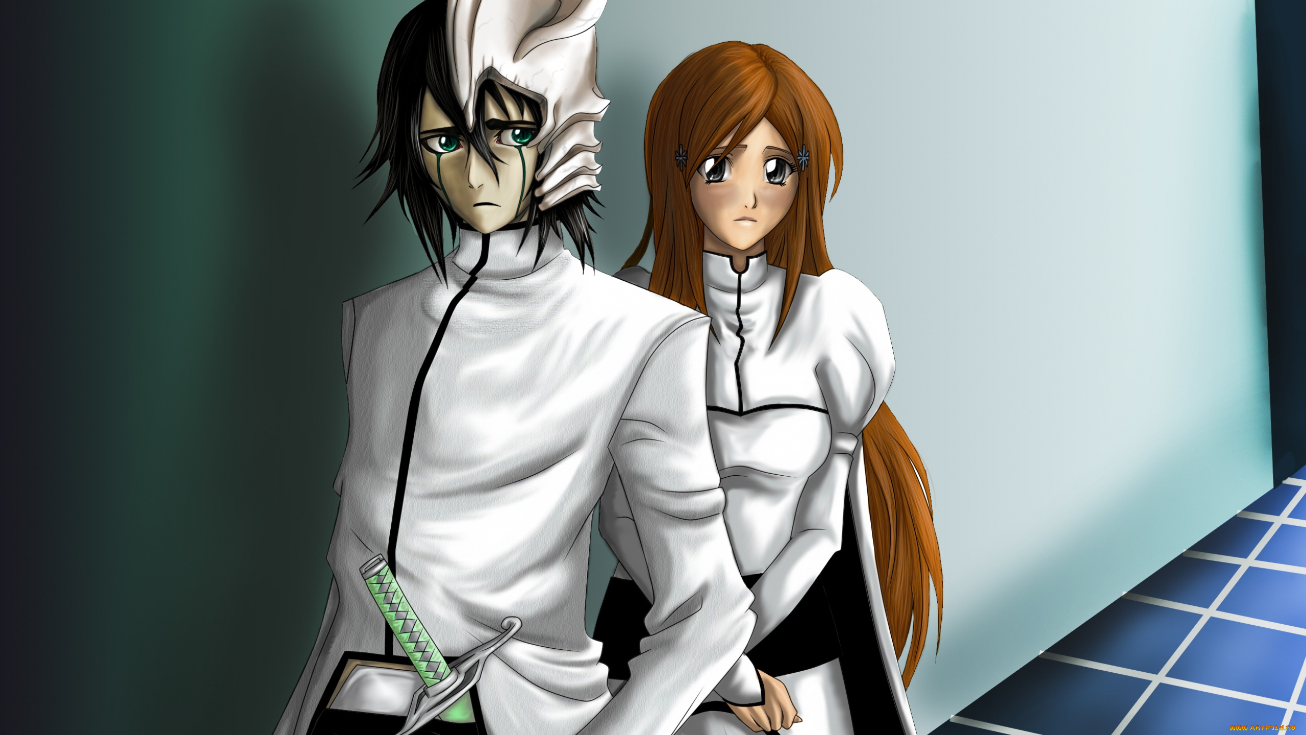 аниме, bleach, мальчик, фон, взгляд, ulquiorra, schiffer, inoue, orihime, девушка, hollow