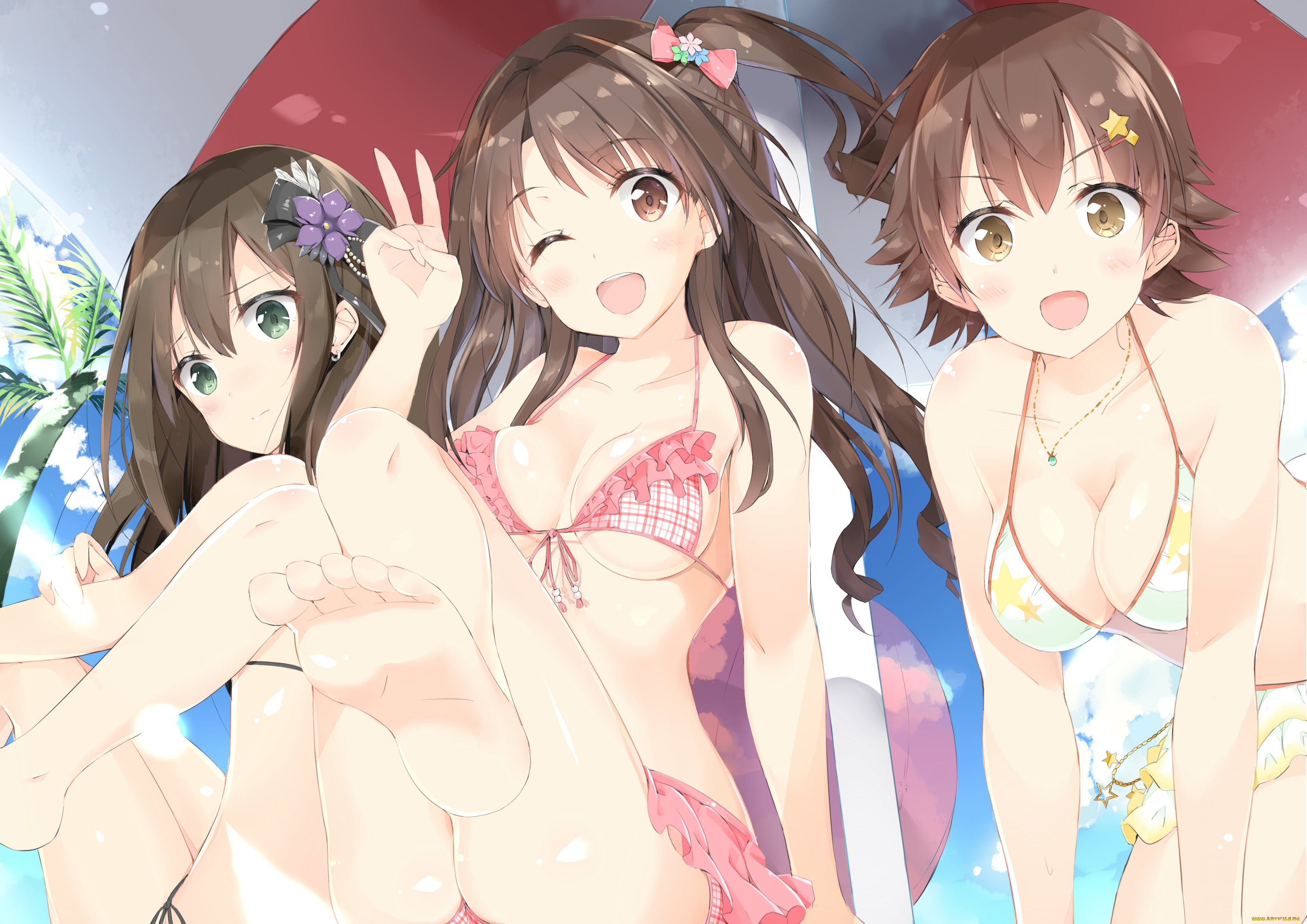 аниме, idolm@ster, пляж, лето, honda, mio, idolmaster, cinderella, girls, девушки, shimamura, uzuki, арт, blue, gk, shibuya, rin, зонт, пальмы