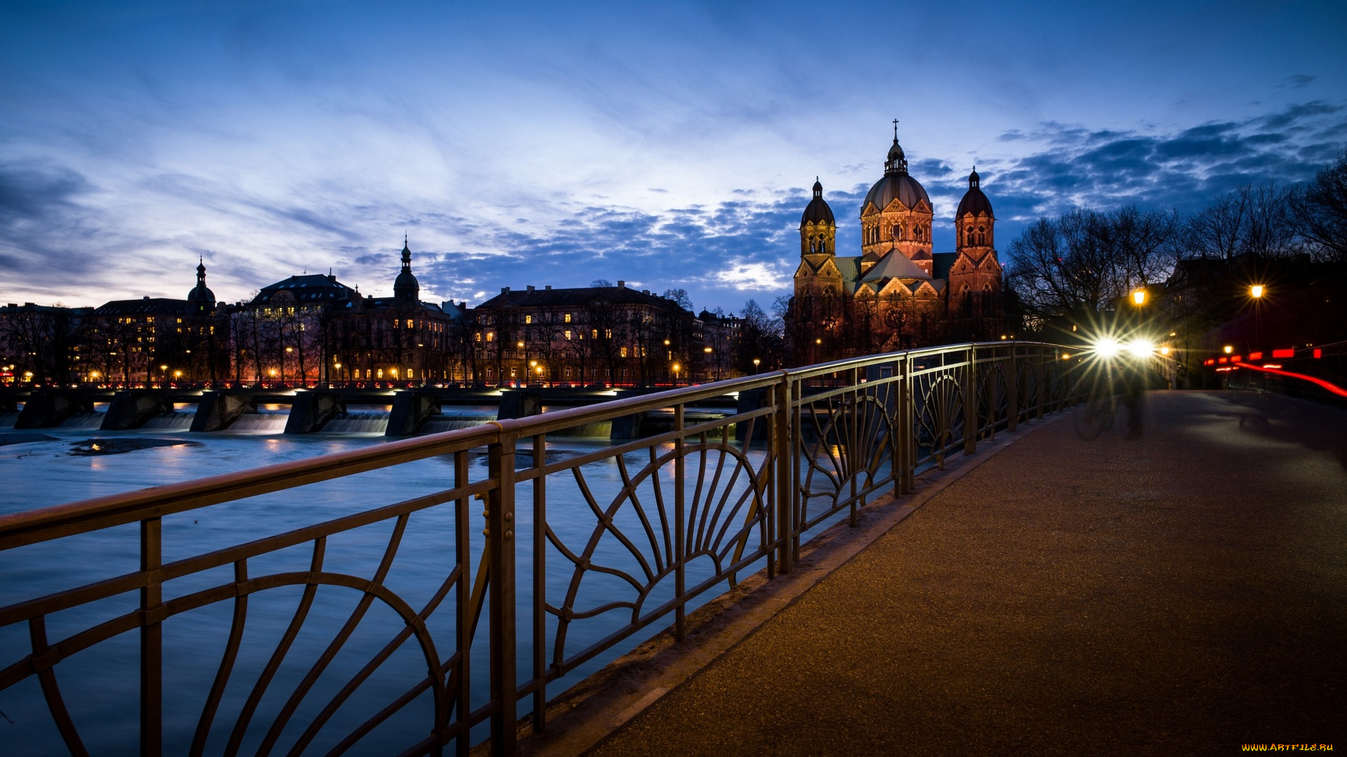 германия, города, -, огни, ночного, города, освещение, водоем, здания, решетка