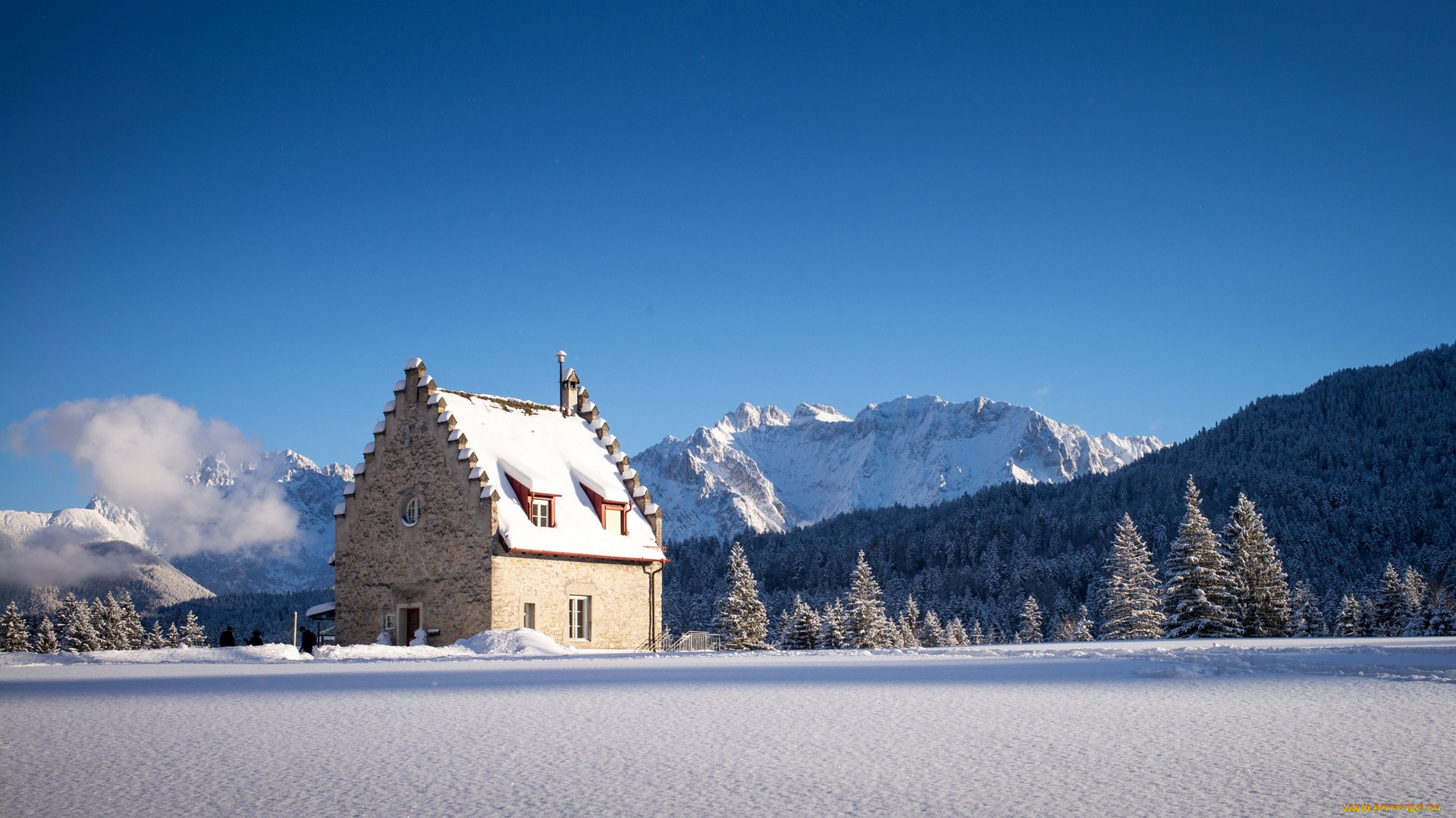 германия, природа, зима, горы, дом, снег